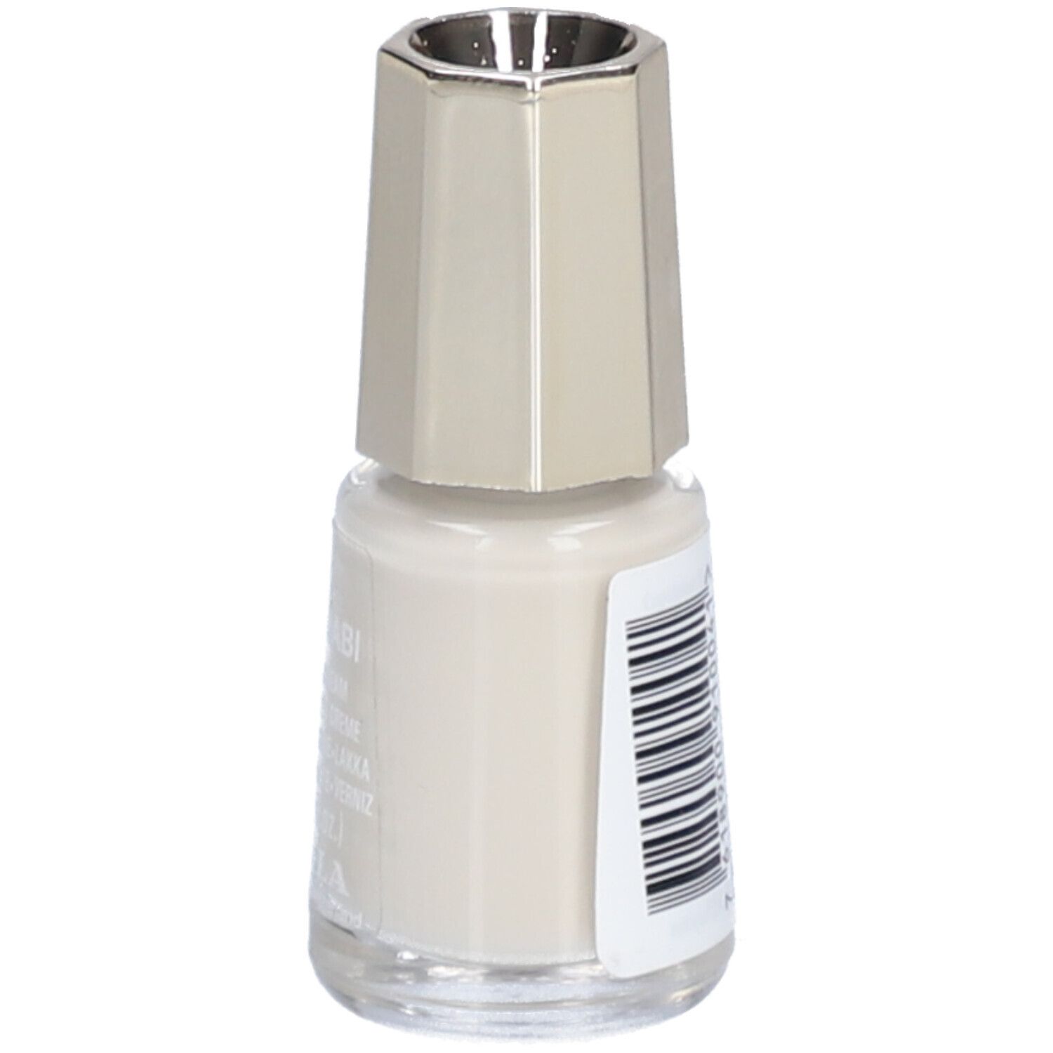 Nagellackflasche, hellgrau. Barcode und Text. Marke: Mavala.