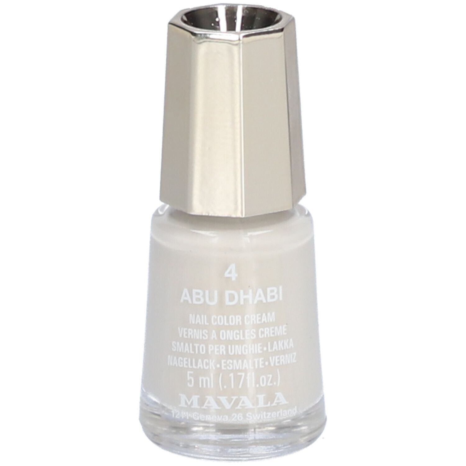 Nagellackflasche, hellgrau. Deckel silberfarben. Aufschrift: Abu Dhabi, Nail Color Cream, 5 ml. Marke: Mavala.