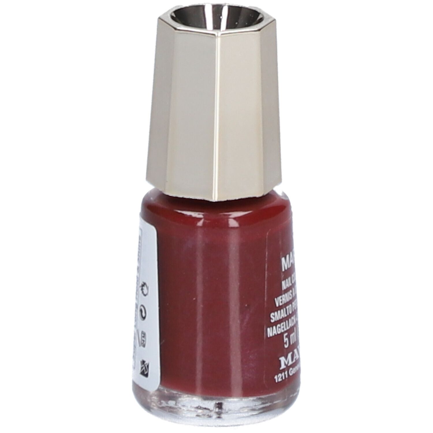 Nagellackflasche, rotbraune Farbe. Deckel silberfarben, achteckig. Etikett mit Text und Barcode.