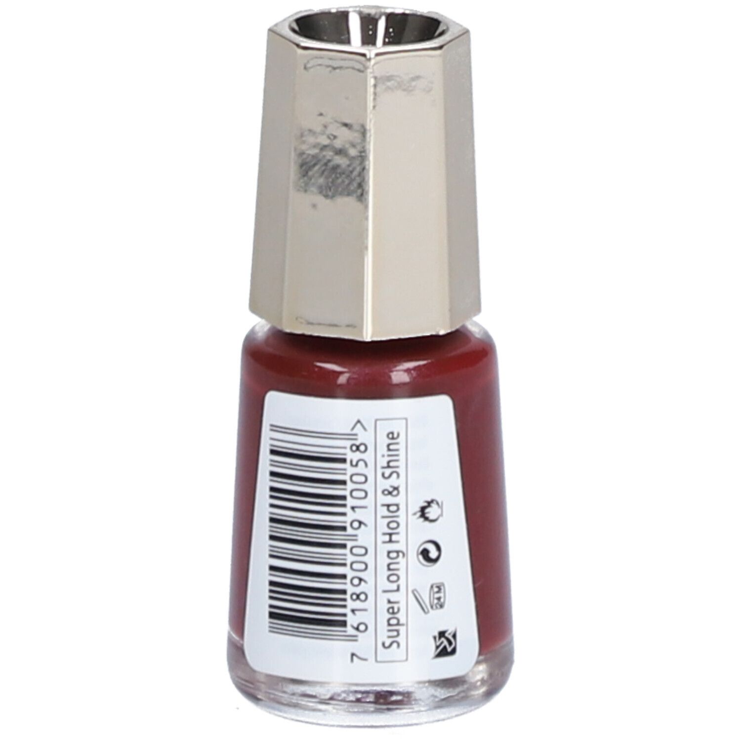 Nagellackflasche, rotbraune Farbe. Deckel silberfarben, achteckig. Etikett mit Text und Barcode.