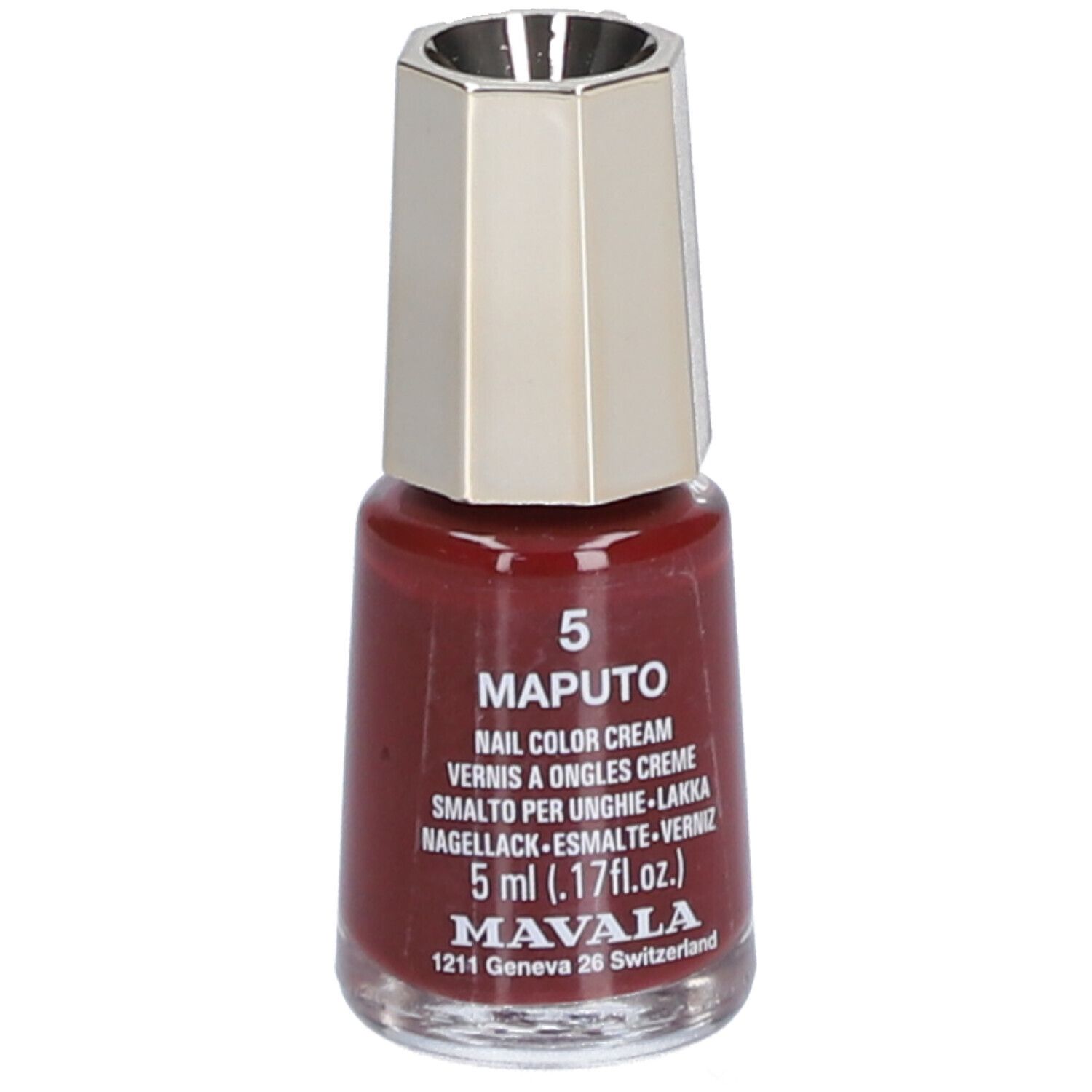 Nagellackflasche, rotbraune Farbe. Deckel silberfarben, achteckig. Beschriftung: MAPUTO, 5 ml, MAVALA.