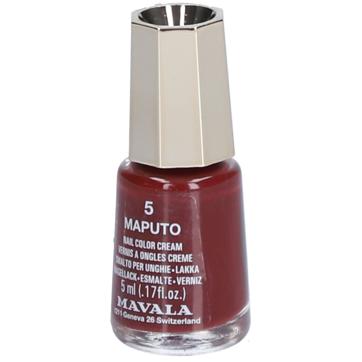 Nagellackflasche, rotbraune Farbe. Deckel silberfarben, achteckig. Beschriftung: MAPUTO, 5 ml, MAVALA.
