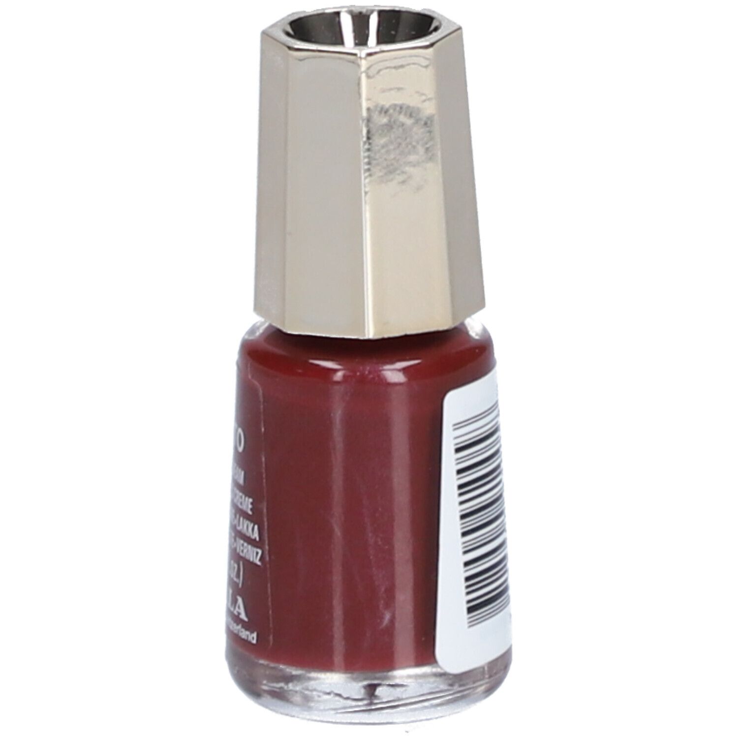 Nagellackflasche, rotbraune Farbe. Deckel silberfarben, achteckig. Etikett mit Text und Barcode.