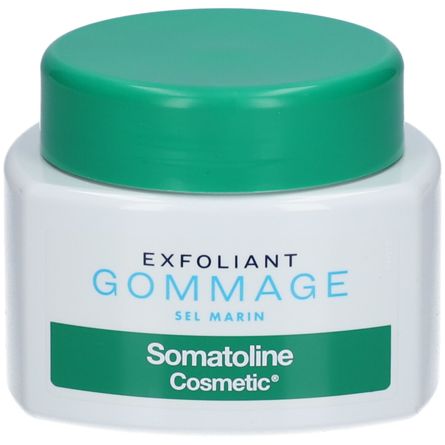 Weißer Tiegel mit grünem Deckel. Aufschrift: EXFOLIANT GOMMAGE SEL MARIN, Somatoline Cosmetic®.