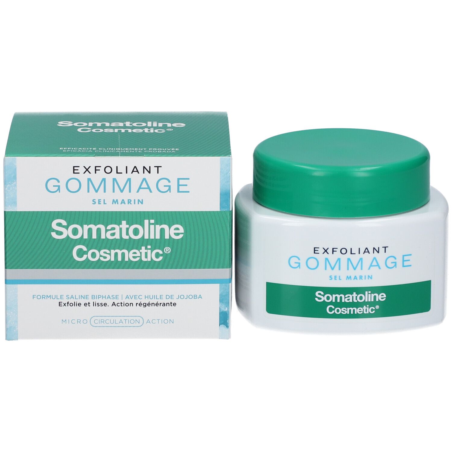 Produkt und Verpackung. Aufschrift: EXFOLIANT GOMMAGE SEL MARIN, Somatoline Cosmetic®.