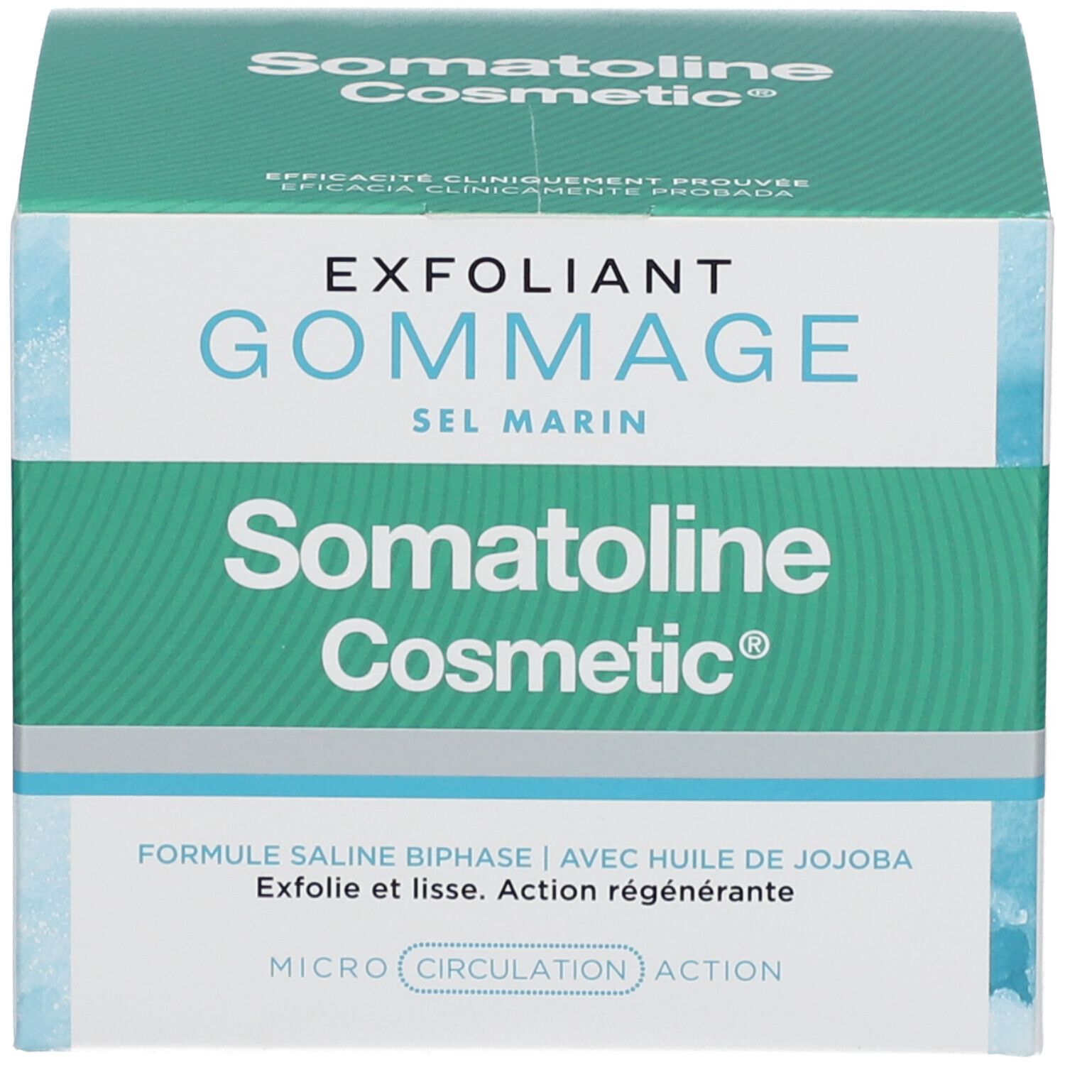 Verpackung. Aufschrift: EXFOLIANT GOMMAGE SEL MARIN, Somatoline Cosmetic®.
