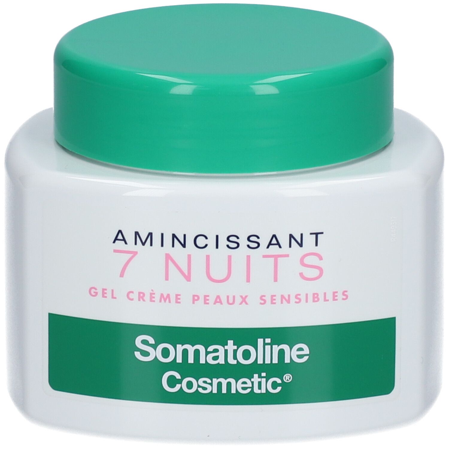 Weißer Tiegel mit grünem Deckel. Aufschrift: Amincissant 7 Nuits, Gel Crème Peaux Sensibles, Somatoline Cosmetic.