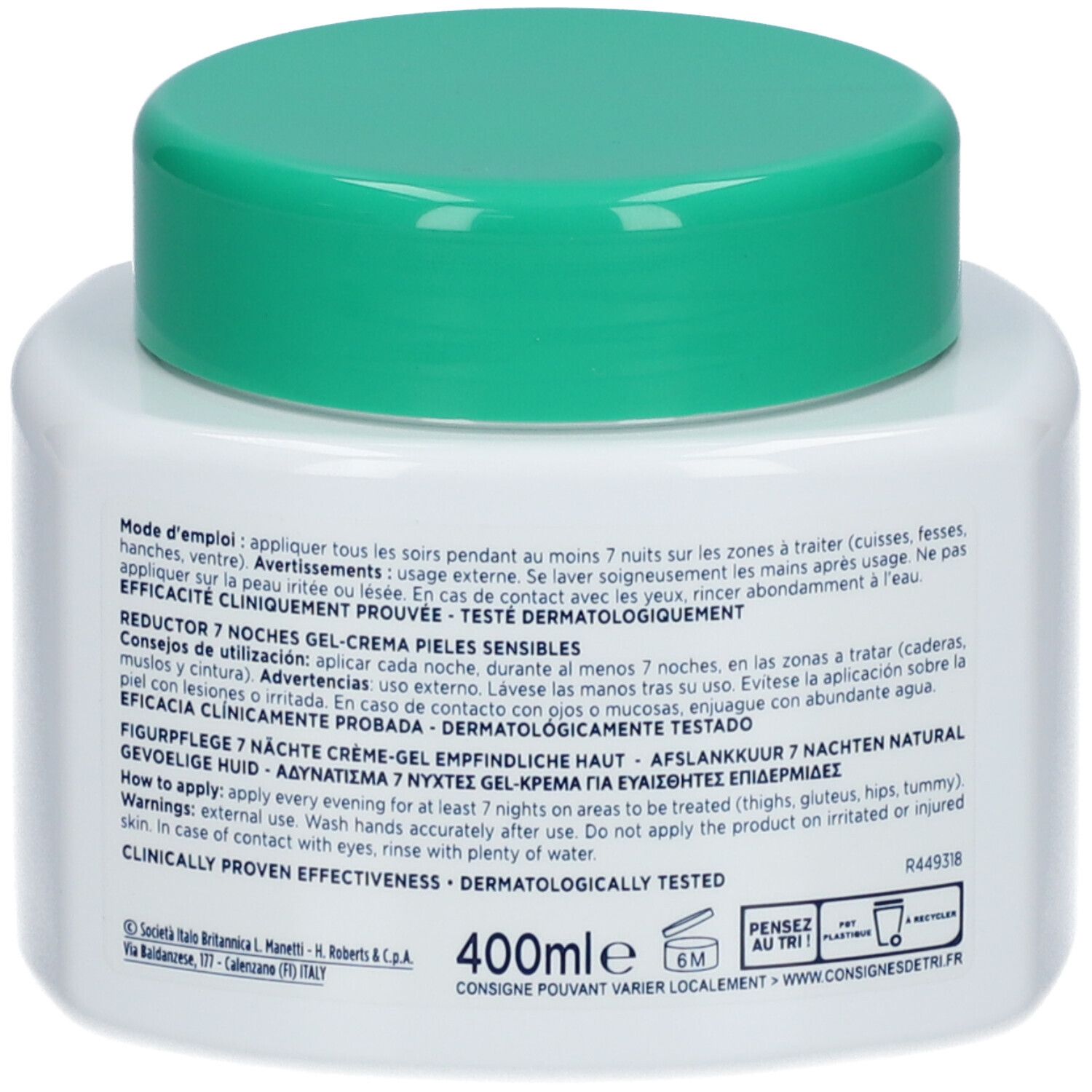 Weißer Tiegel mit grünem Deckel. Rückseite mit Text. Aufschrift: Amincissant 7 Nuits, Somatoline Cosmetic.