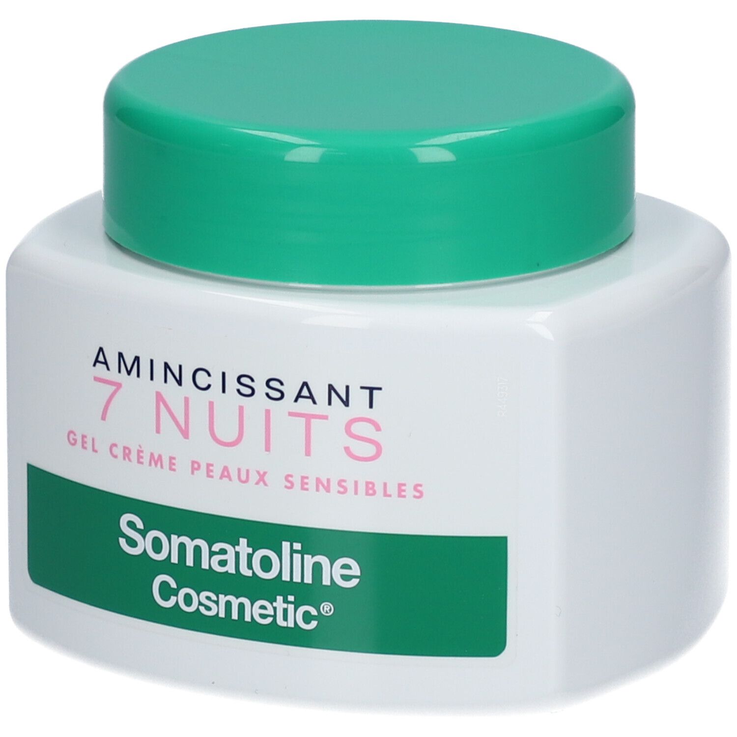 Weißer Tiegel mit grünem Deckel. Aufschrift: Amincissant 7 Nuits, Gel Crème Peaux Sensibles, Somatoline Cosmetic.