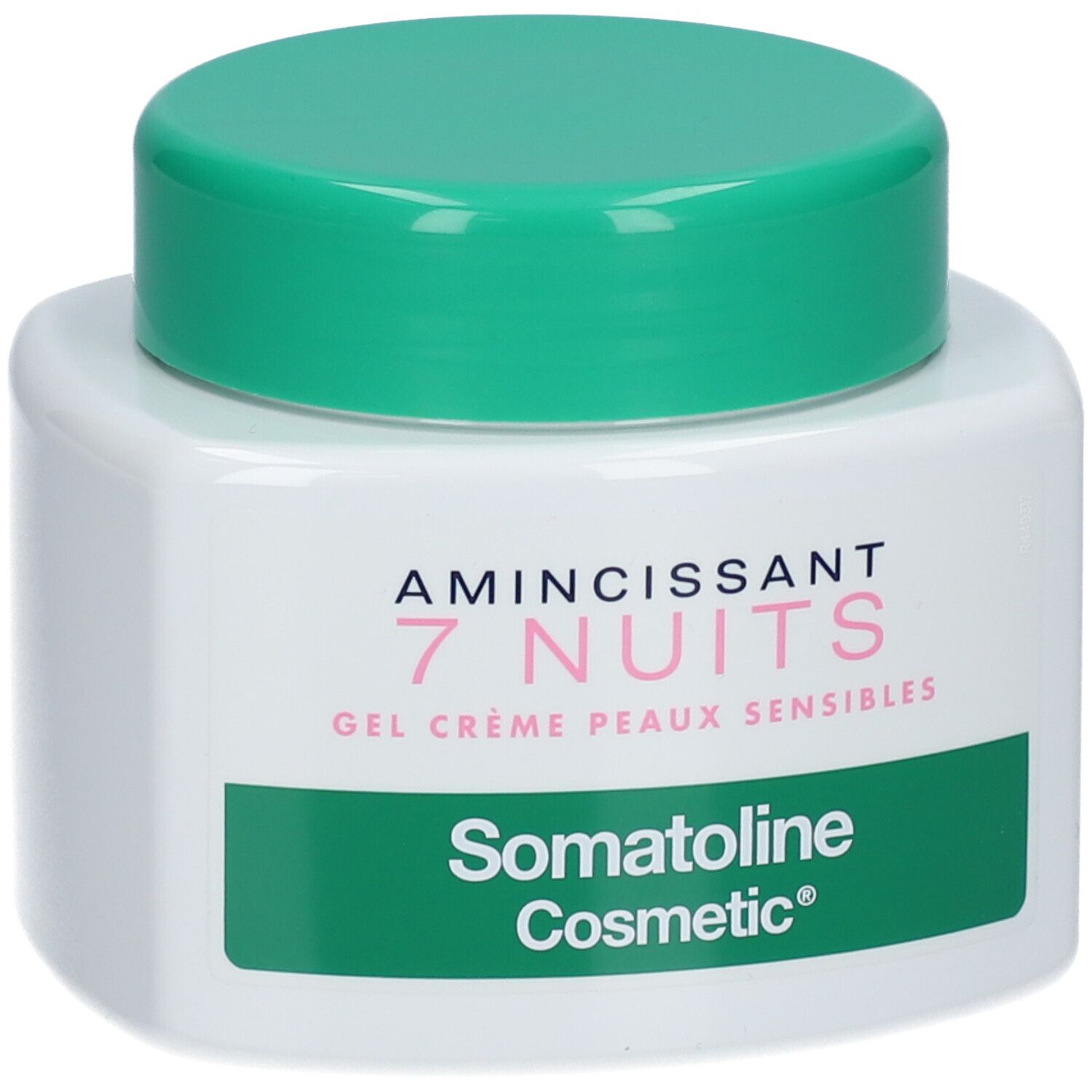 Weißer Tiegel mit grünem Deckel. Aufschrift: Amincissant 7 Nuits, Gel Crème Peaux Sensibles, Somatoline Cosmetic.