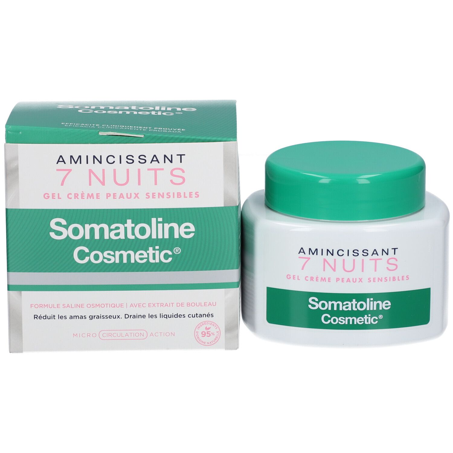 Produktverpackung und Tiegel. Aufschrift: Amincissant 7 Nuits, Gel Crème Peaux Sensibles, Somatoline Cosmetic.