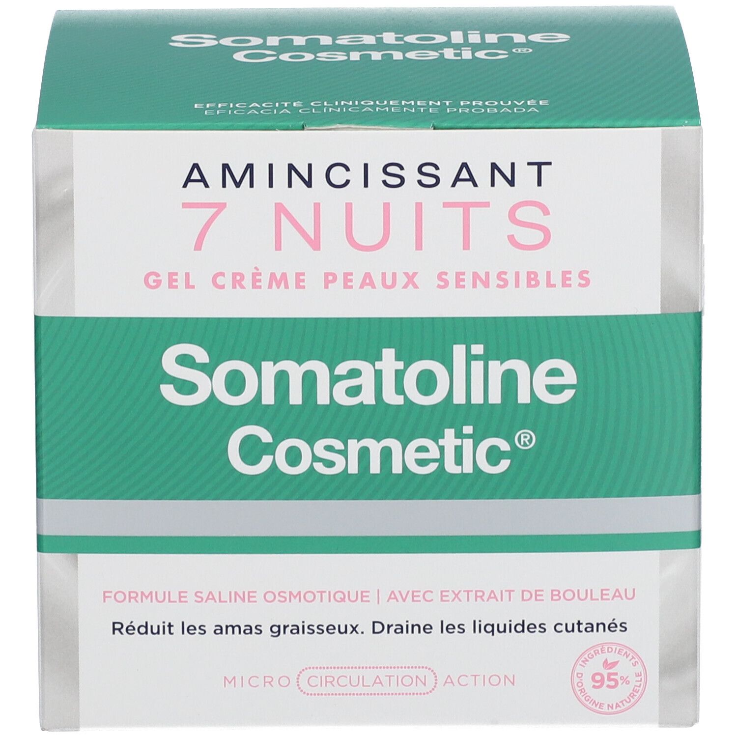 Produktverpackung. Aufschrift: Amincissant 7 Nuits, Gel Crème Peaux Sensibles, Somatoline Cosmetic.