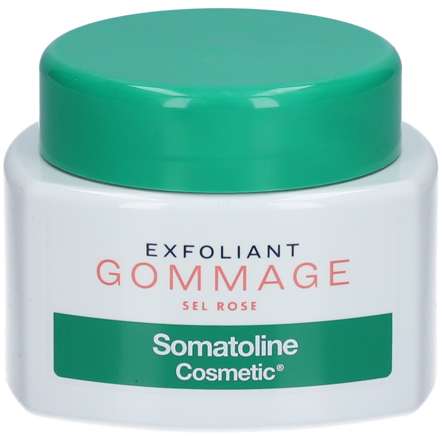 Weißer Tiegel mit grünem Deckel. Aufschrift: EXFOLIANT GOMMAGE SEL ROSE. Marke: Somatoline Cosmetic.