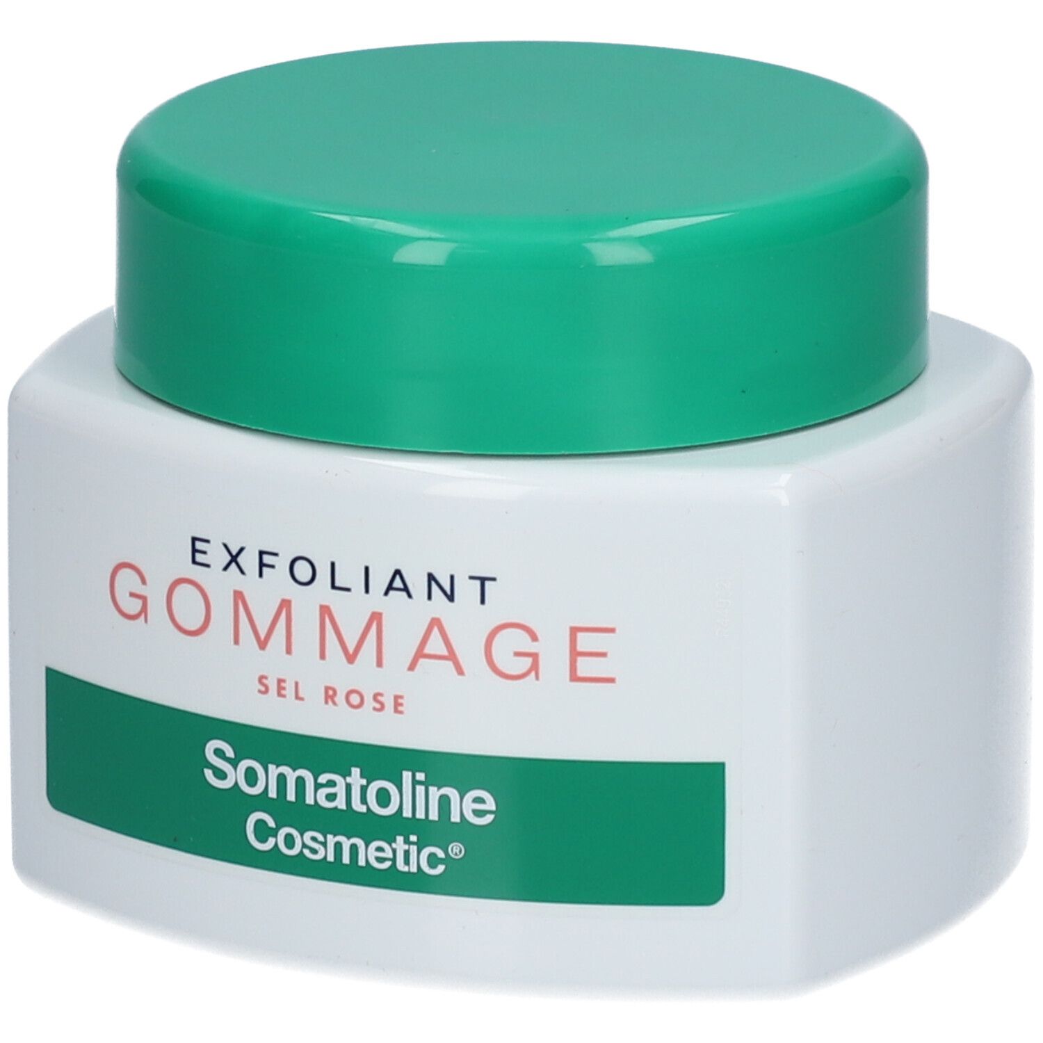 Weißer Tiegel mit grünem Deckel. Aufschrift: EXFOLIANT GOMMAGE SEL ROSE. Marke: Somatoline Cosmetic.