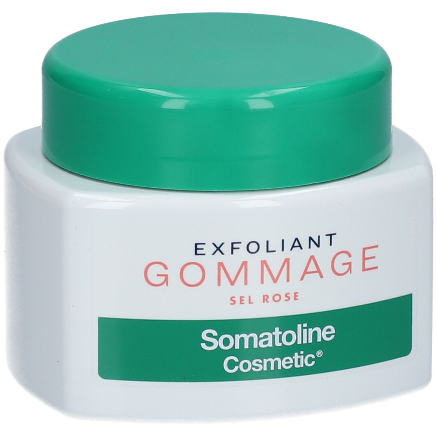 Weißer Tiegel mit grünem Deckel. Aufschrift: EXFOLIANT GOMMAGE SEL ROSE. Marke: Somatoline Cosmetic.