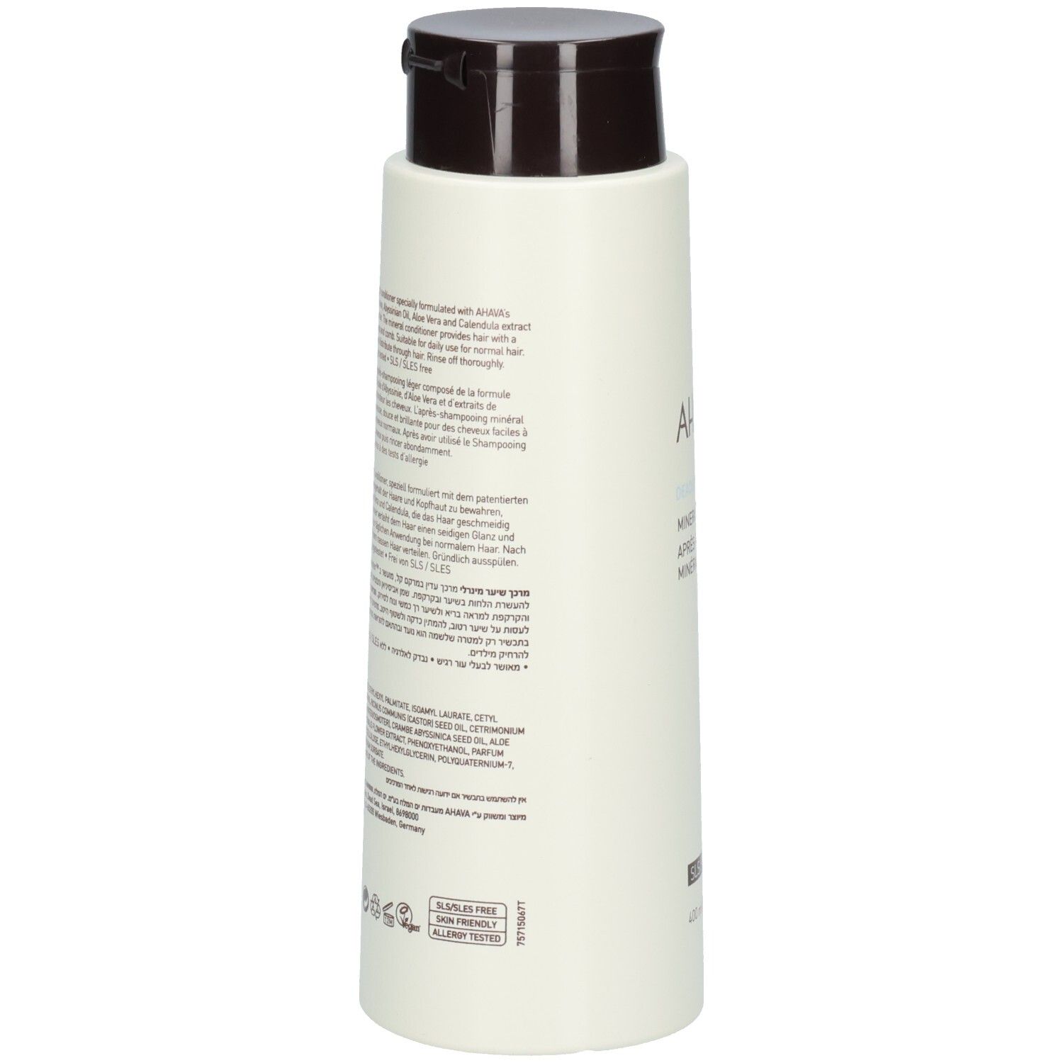 Rückseite der AHAVA Mineral Conditioner Flasche. Text: Inhaltsstoffe, Anwendungshinweise, SLS/SLES Free.