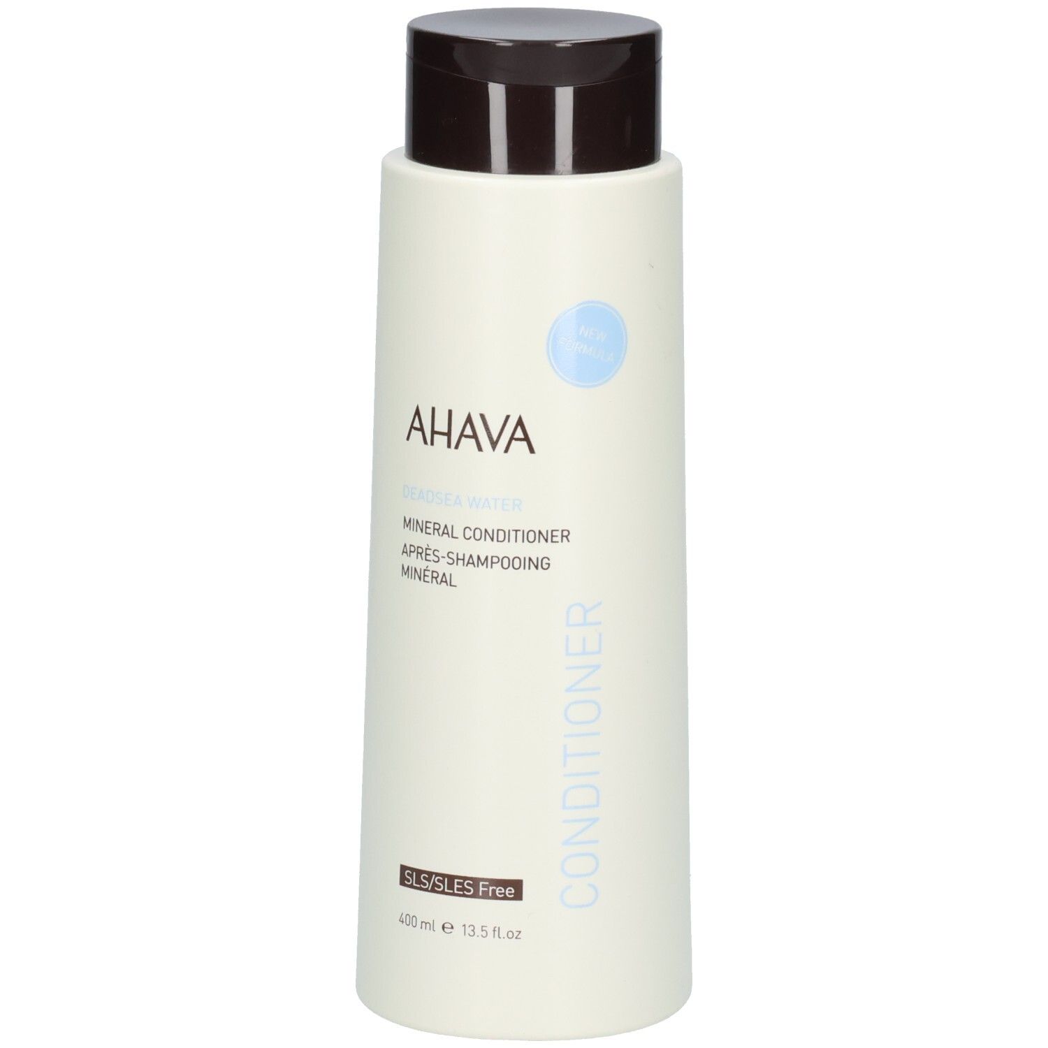 Beige Flasche mit braunem Deckel. Aufschrift AHAVA DEADSEA WATER Mineral Conditioner. SLS/SLES Free. 400 ml.