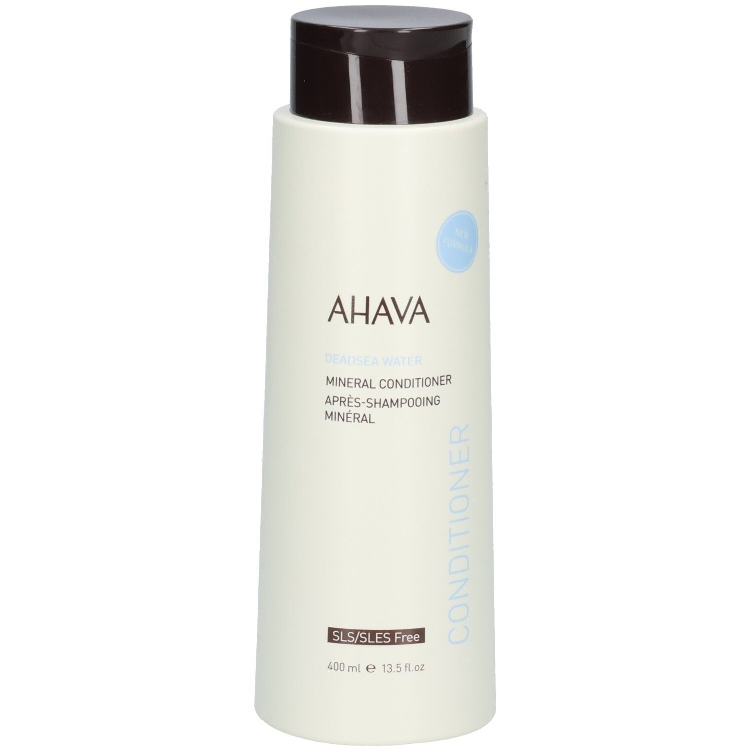 Beige Flasche mit braunem Deckel. Aufschrift AHAVA DEADSEA WATER Mineral Conditioner. SLS/SLES Free. 400 ml.