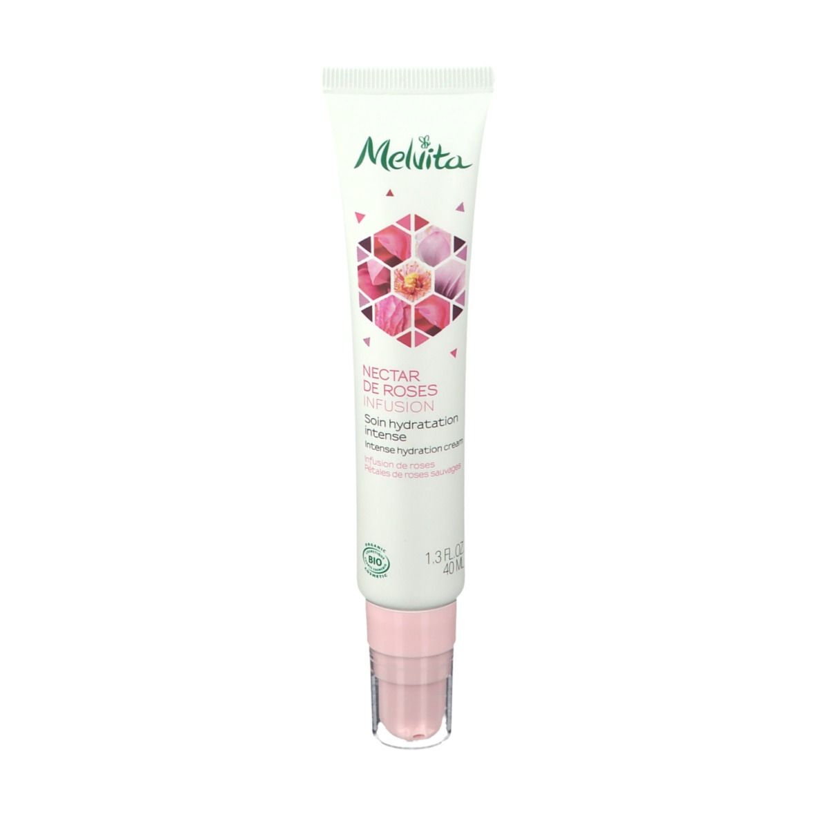 Tube de crème avec bouchon rose. Inscription : Melvita, Nectar de Roses, Soin hydratation intense. Certification bio.
