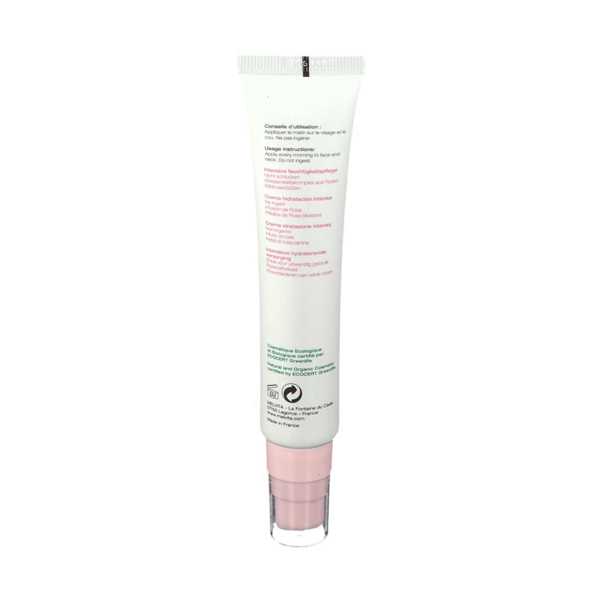 Dos du tube de crème. Texte : conseils d'utilisation, ingrédients, certification bio. Écriture rose et verte sur fond blanc.