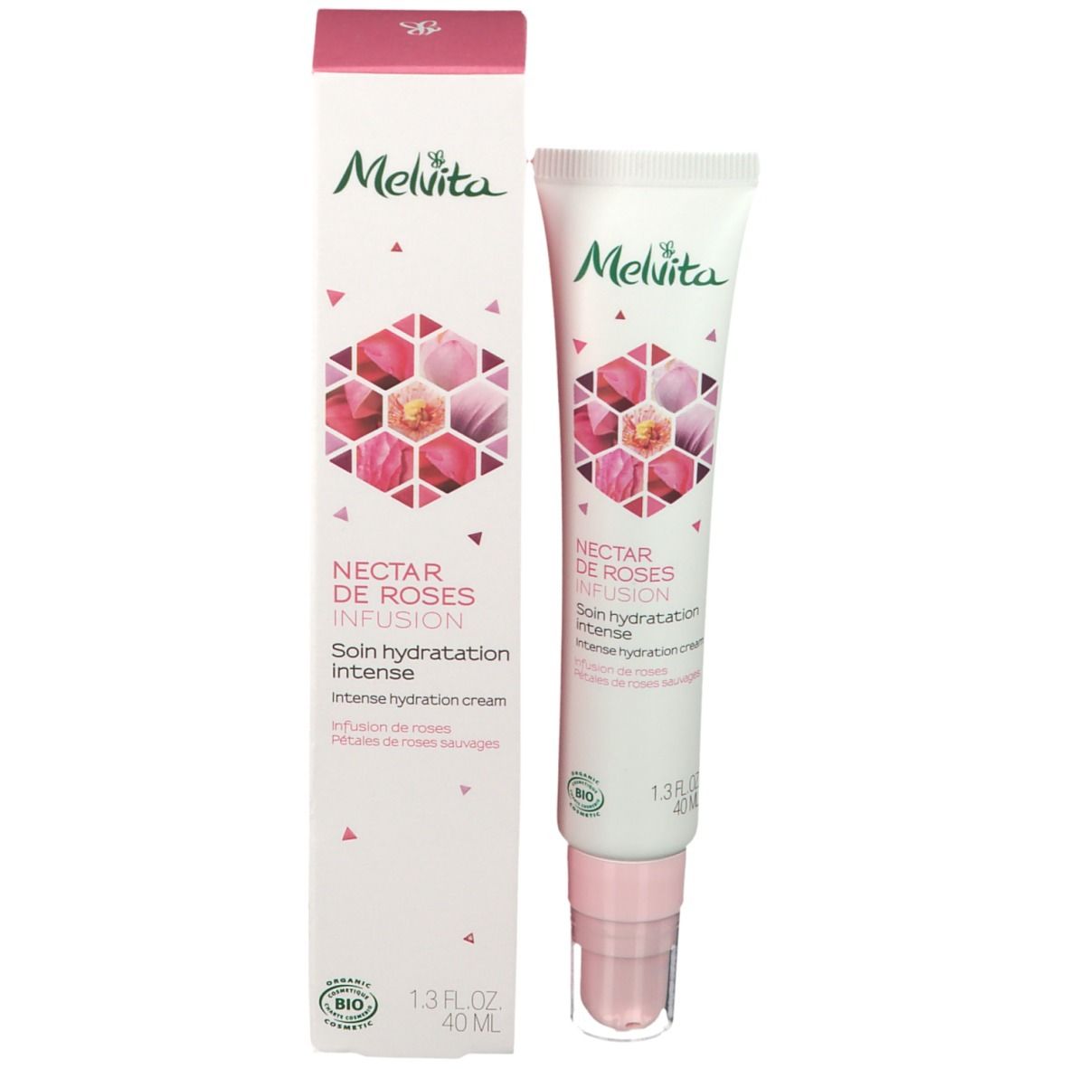 Tube de crème et boîte. Inscription : Melvita, Nectar de Roses, Soin hydratation intense. Certification bio. Rose et blanc.