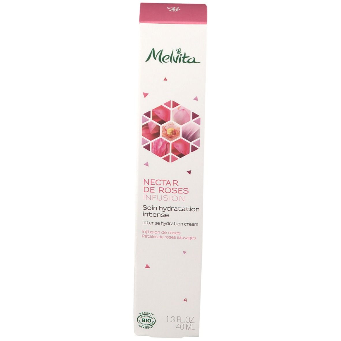 Boîte de crème. Inscription : Melvita, Nectar de Roses, Soin hydratation intense. Certification bio. Rose et blanc.