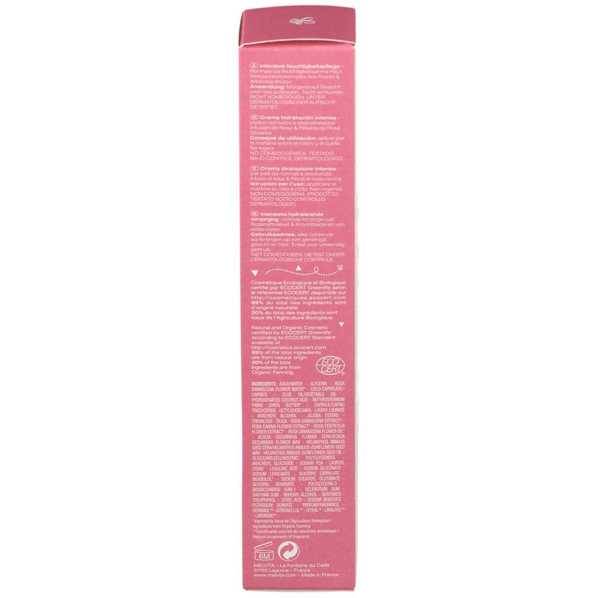 Boîte de crème. Texte : ingrédients, conseils d'utilisation, certification bio. Écriture rose et blanche.