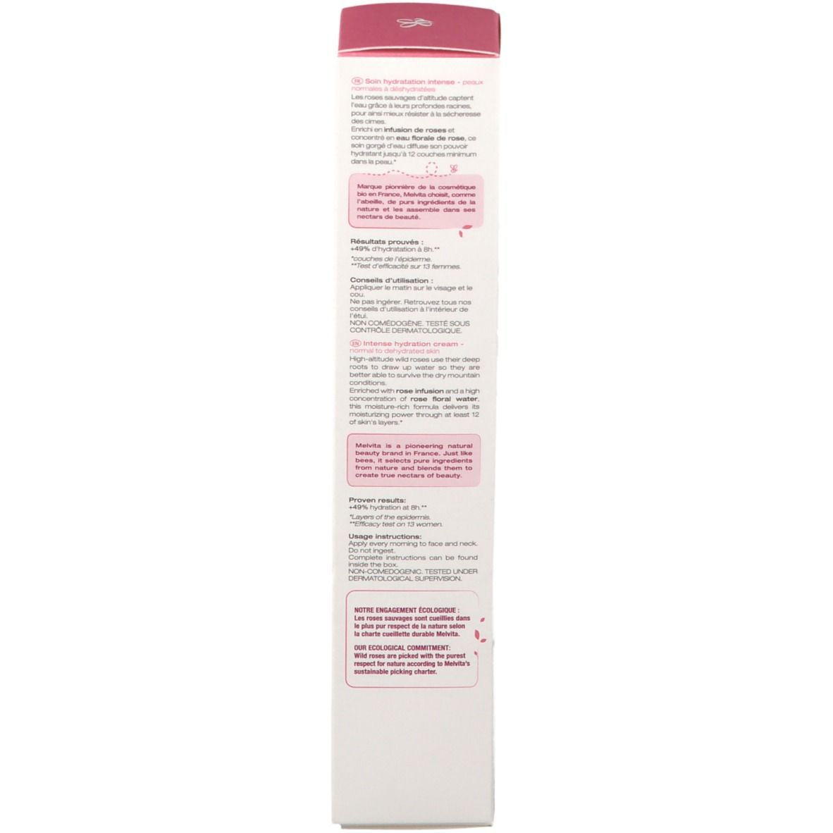 Boîte de crème. Texte : conseils d'utilisation, ingrédients, certification bio. Écriture rose et blanche.