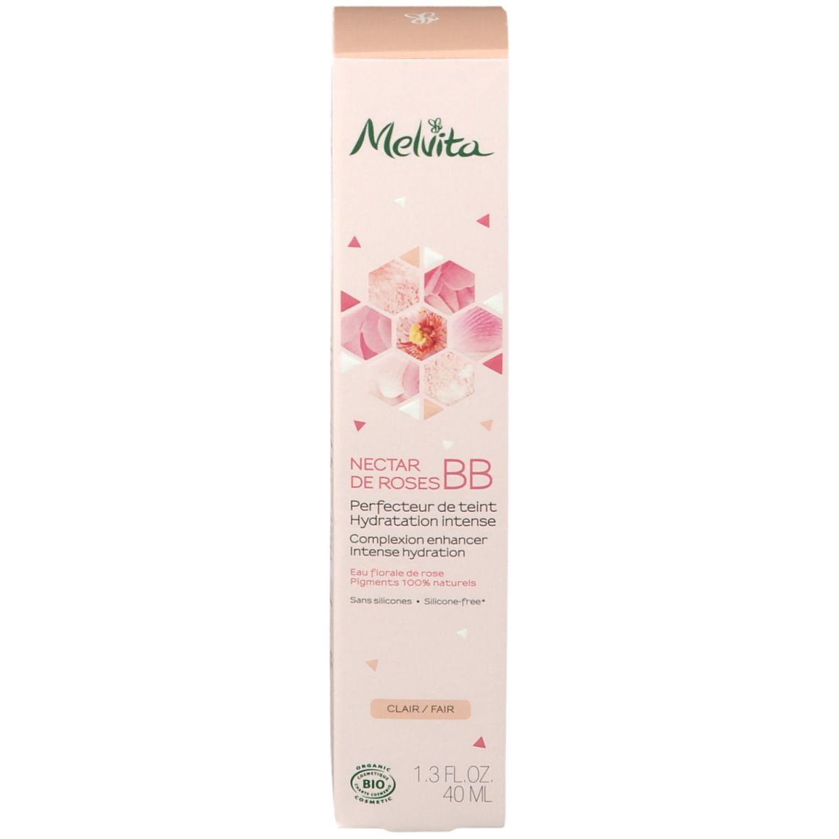 Boîte avec logo Melvita, BB crème et motifs floraux roses. Label bio et "Claire/Fair".