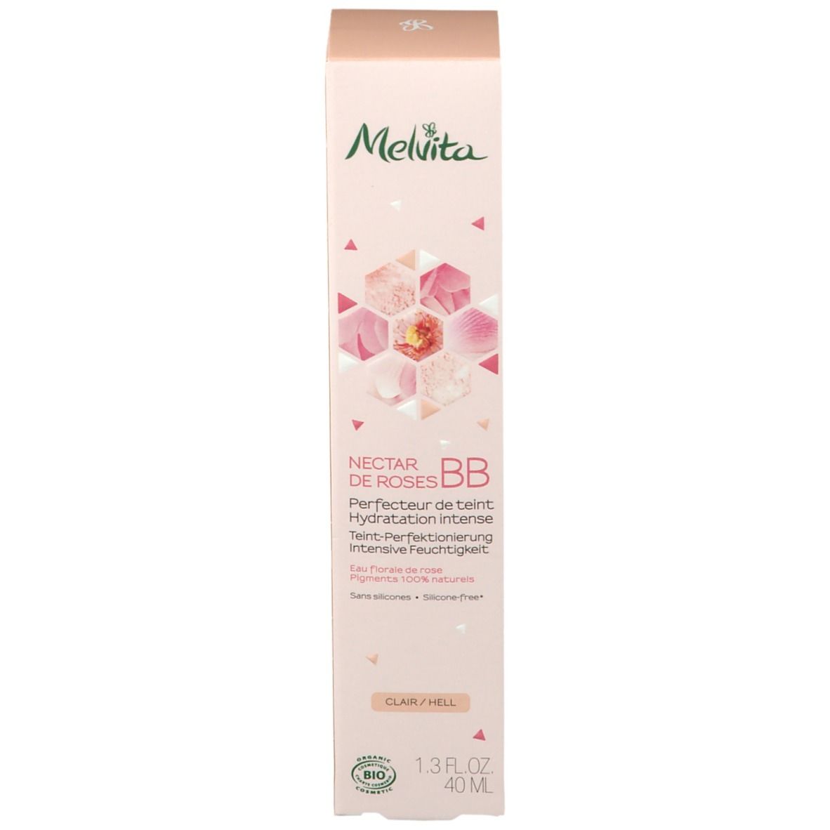 Boîte avec logo Melvita, BB crème et motifs floraux roses. Label bio et "Claire/Hell".