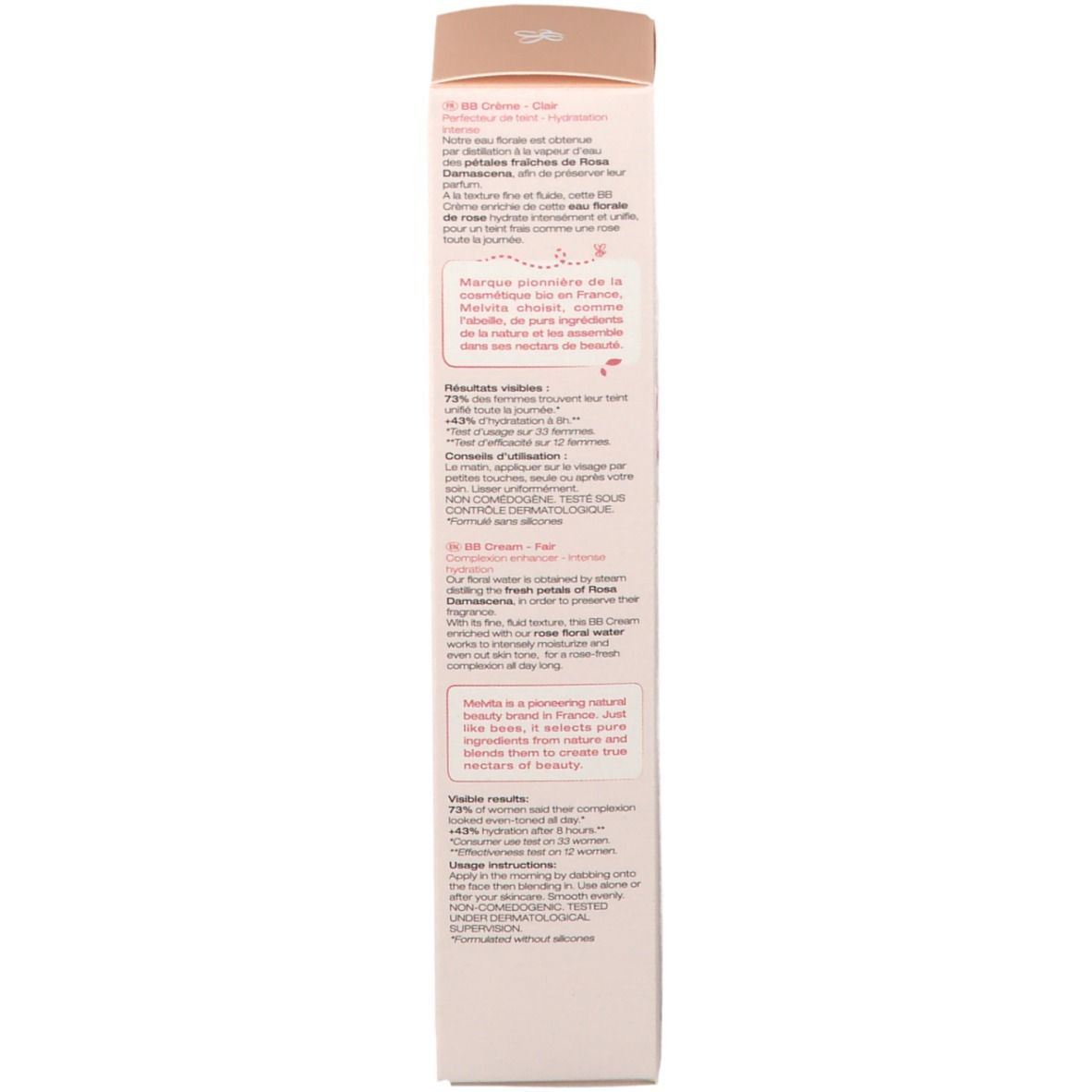 Dos de la boîte avec texte. Instructions, ingrédients, résultats et certification bio.