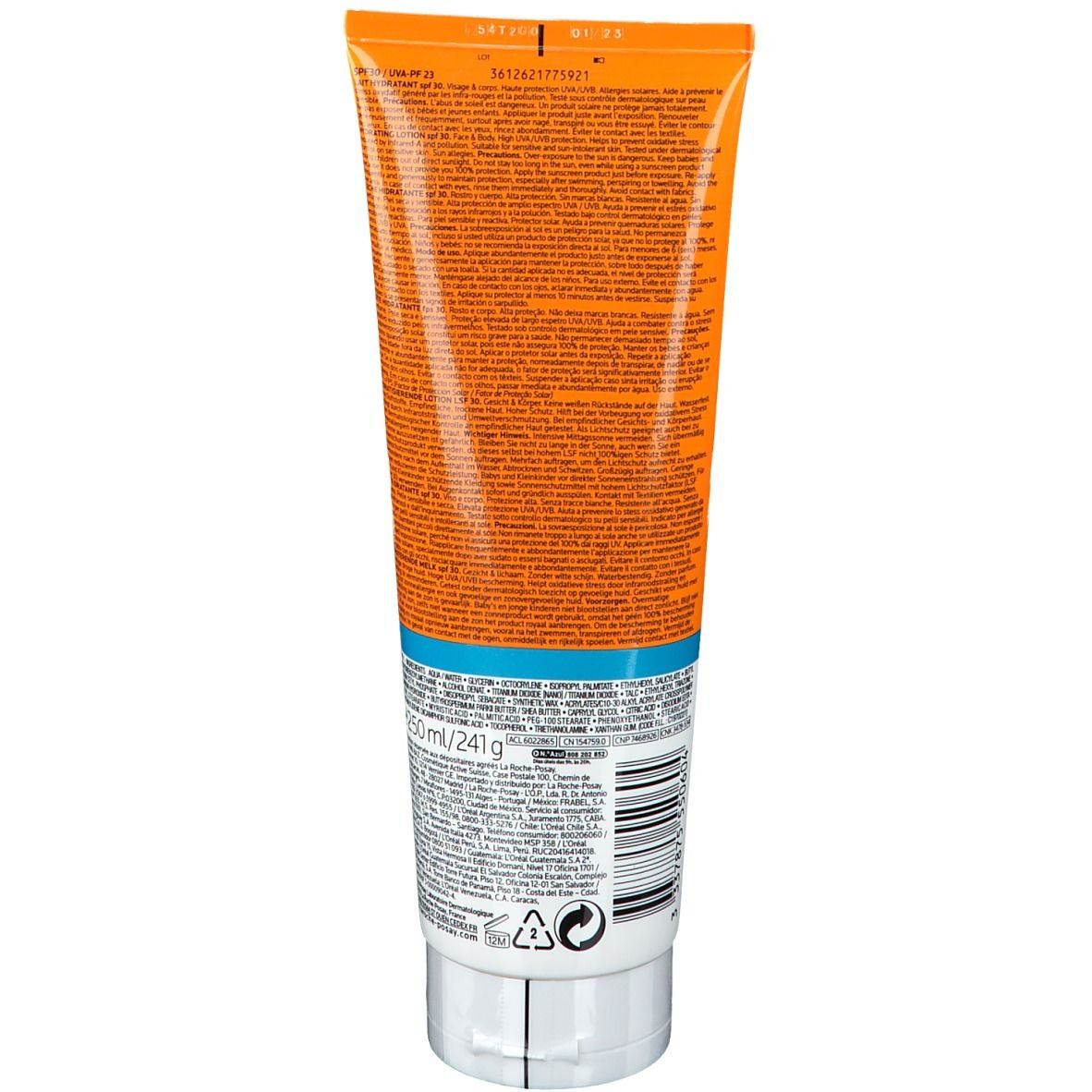 Dos du tube de crème solaire. Orange avec texte et code-barres. Inscription : LA ROCHE-POSAY. 150ml.