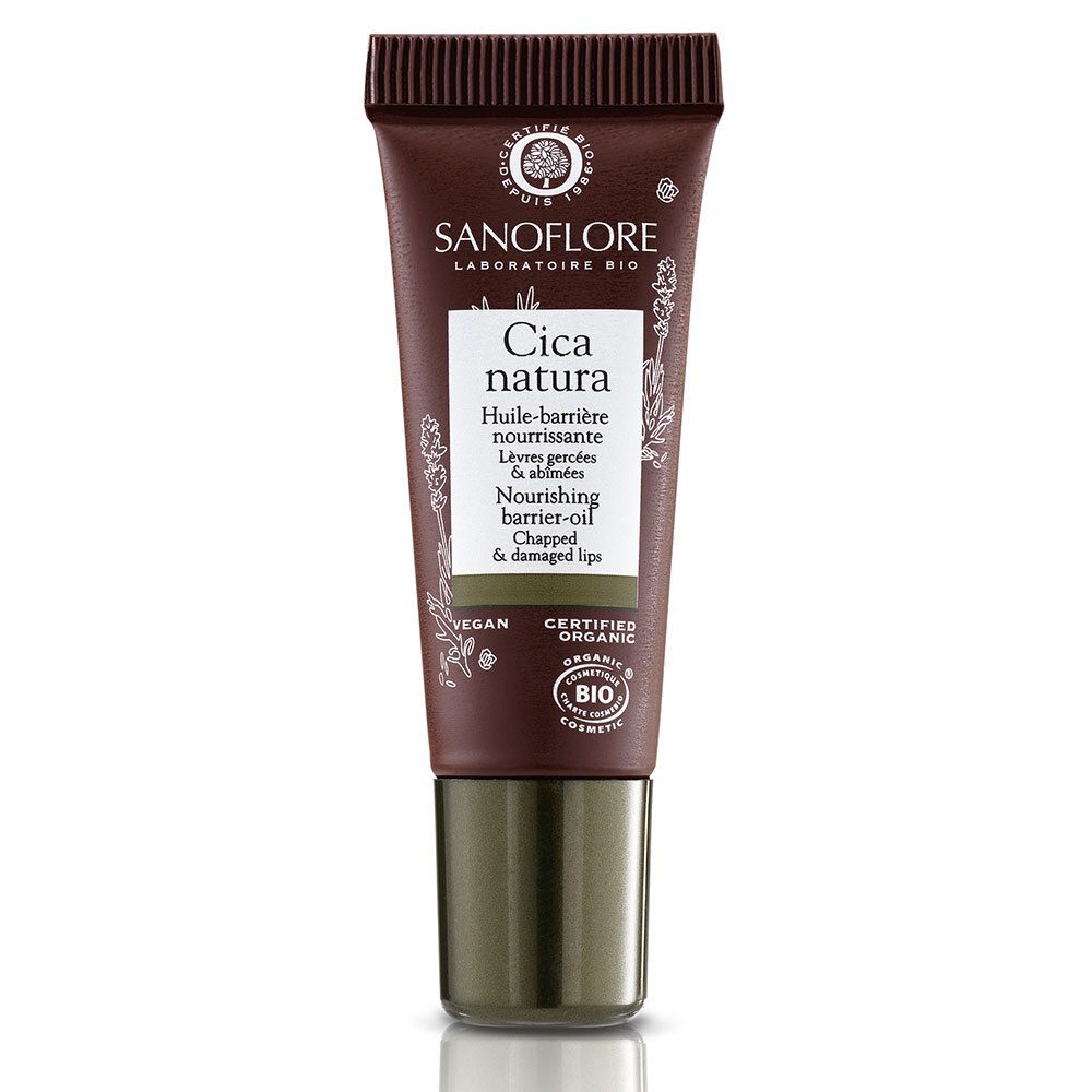 Tube brun Sanoflore Cica natura. Huile-barrière nourrissante pour lèvres gercées. Vegan et certifié bio.