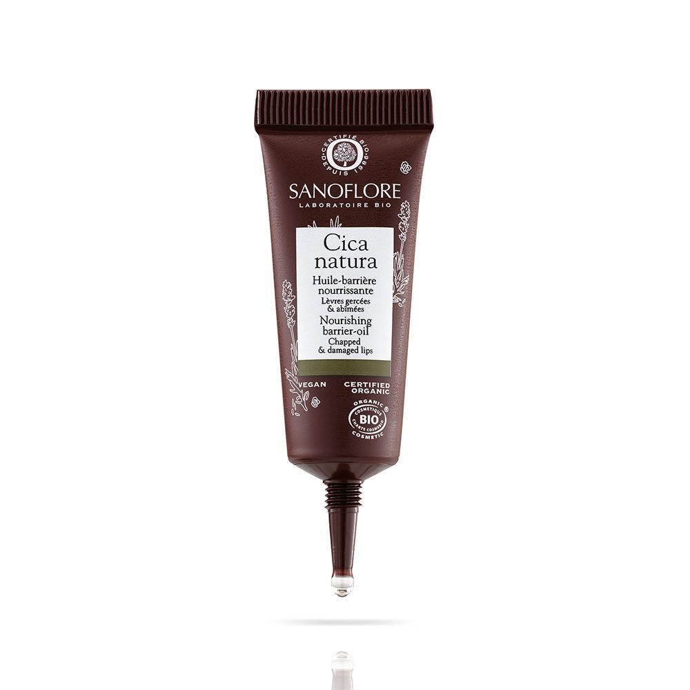 Tube brun Sanoflore Cica natura. Huile-barrière nourrissante pour lèvres gercées. Avec applicateur. Vegan et bio.
