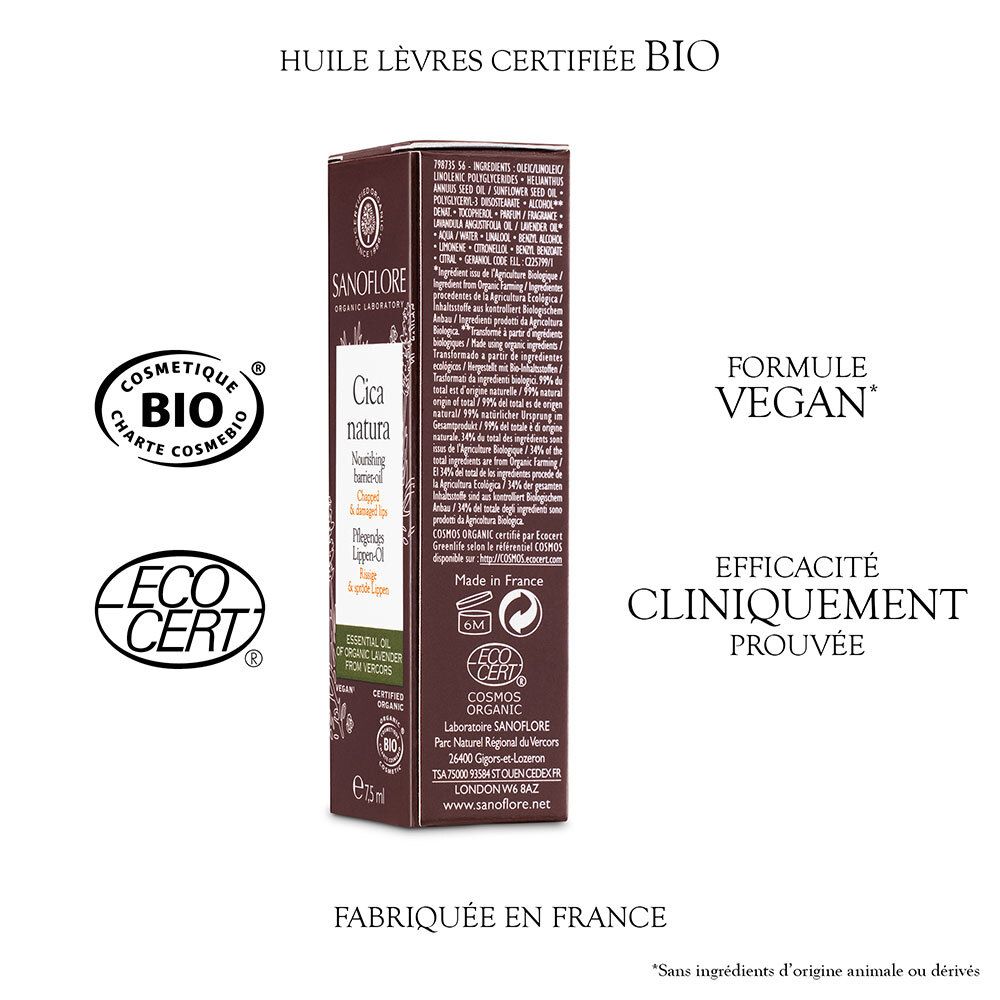 Emballage avec texte : Huile lèvres certifiée bio, Formule Vegan, Efficacité cliniquement prouvée. Certifications : Cosmetique Bio, Eco Cert.