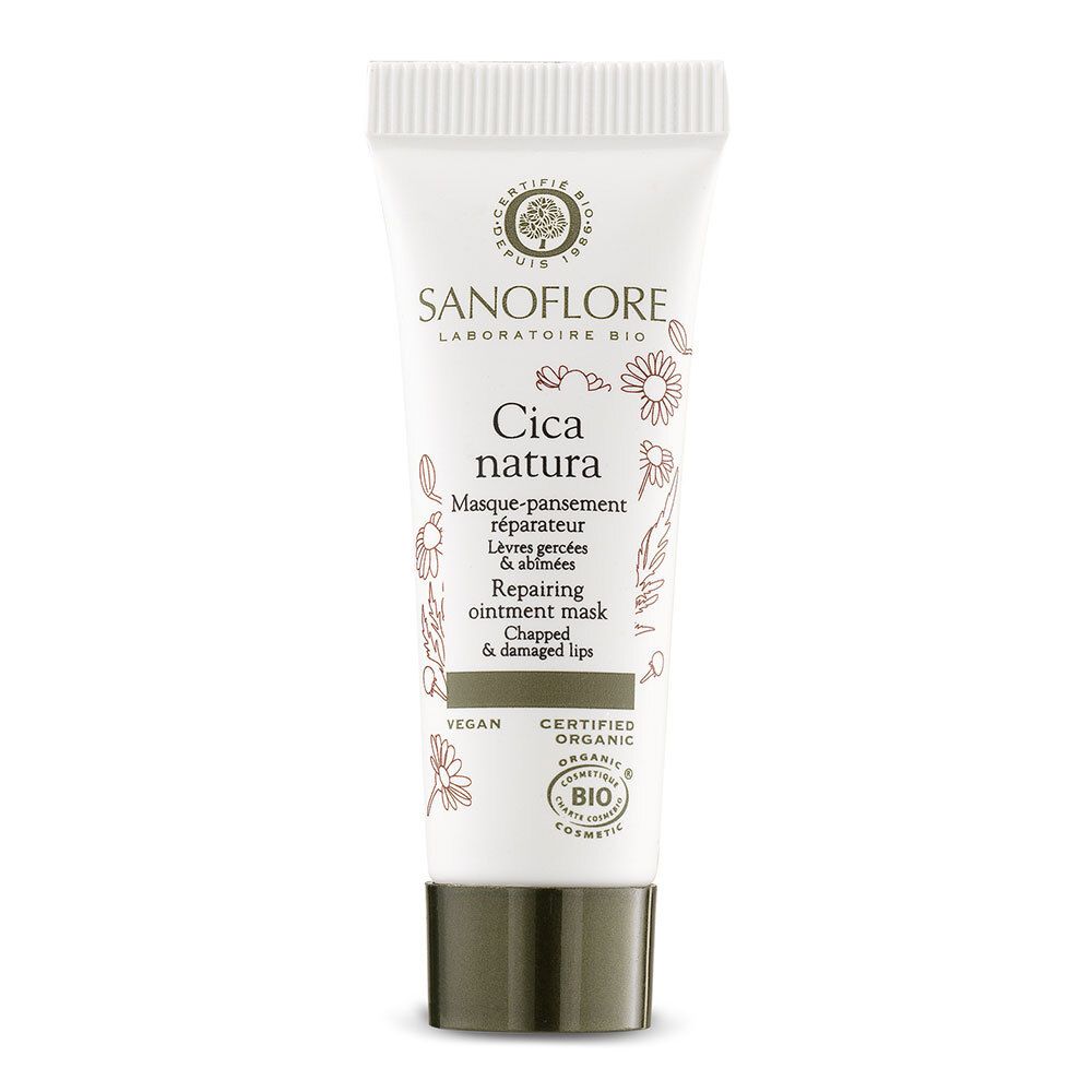 Tube blanc, bouchon vert. Inscription: SANOFLORE, Cica natura, masque lèvres. Vegan et certification bio.