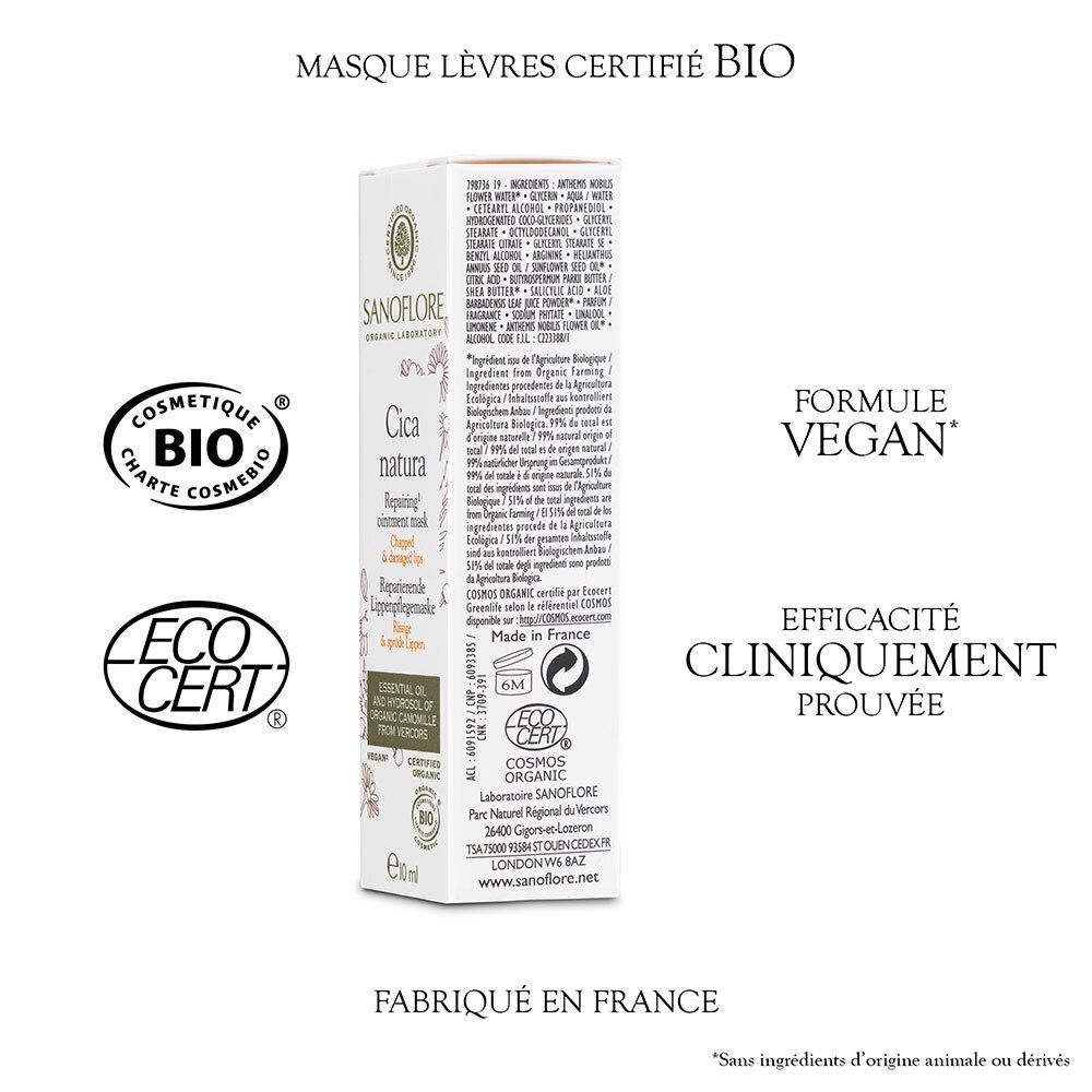 Dos de l'emballage. Texte: Cica natura, ingrédients, Vegan, cliniquement prouvé, EcoCert, Fabriqué en France.