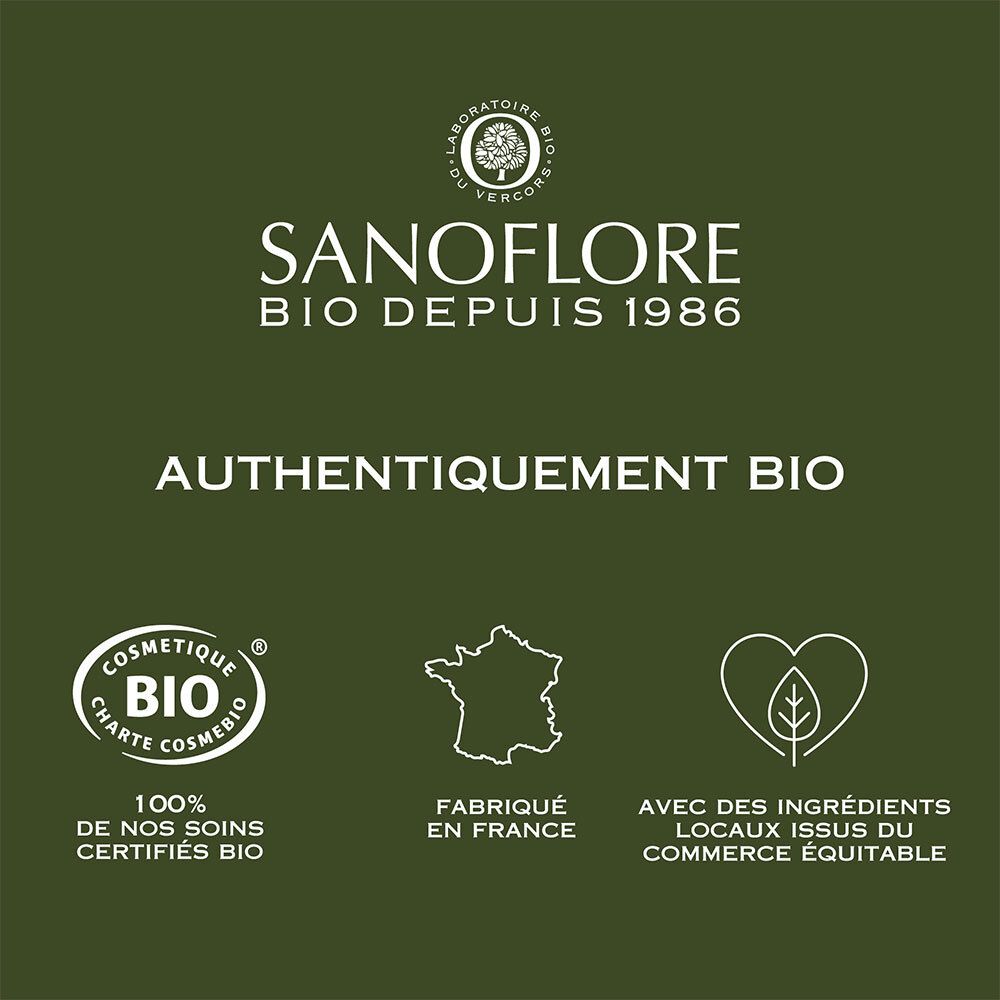 Logo: SANOFLORE, certifications bio, carte France, cœur avec feuille. Texte: Authentiquement bio.