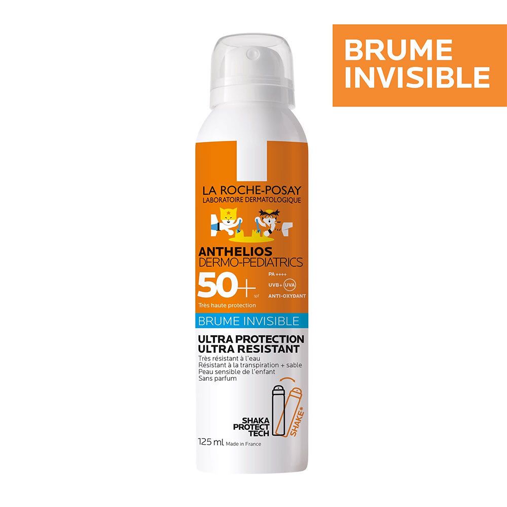 Spray solaire avec étiquette orange. Texte : Brume Invisible. Logo : Anthelios Dermo-Pediatrics 50+.