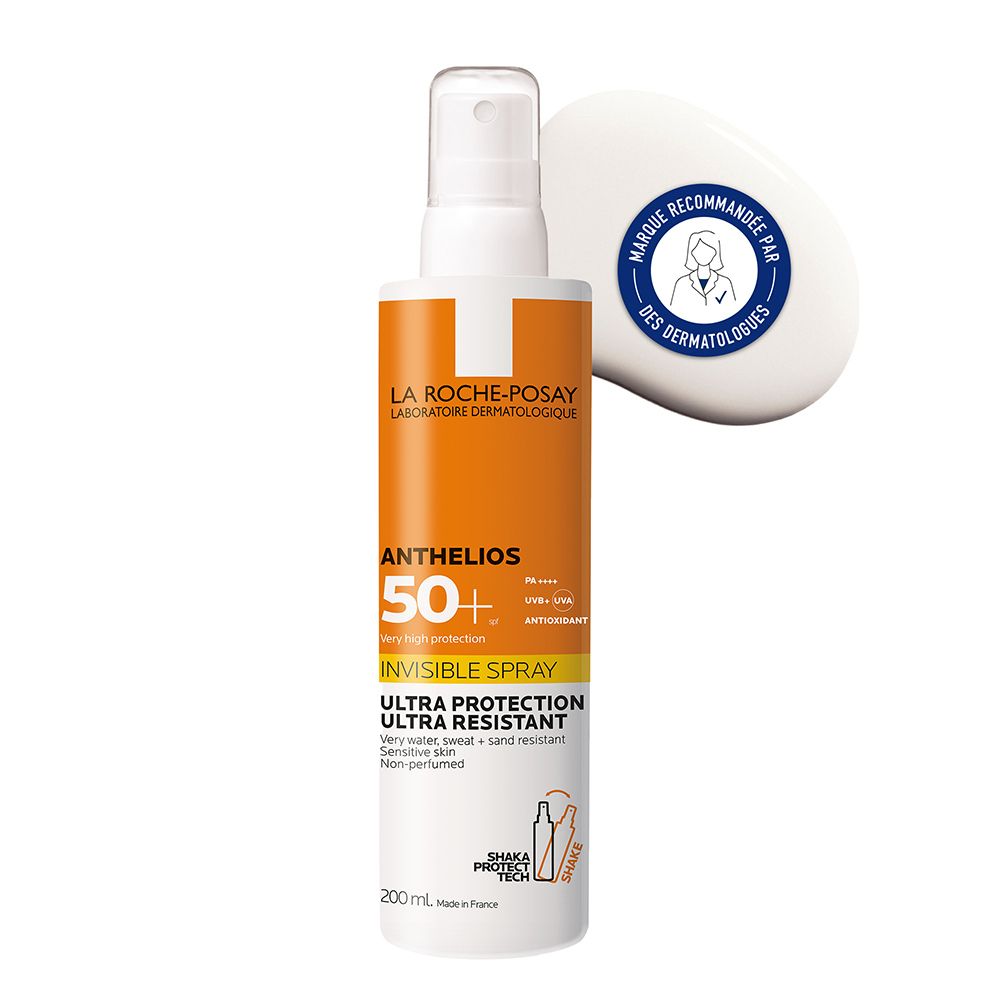 Spray LA ROCHE-POSAY Anthelios 50+. Flacon blanc et orange. Recommandé par les dermatologues.