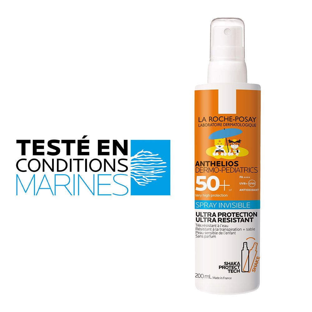 Produit avec inscription: Anthelios Dermo-Pediatrics 50+ Spray Invisible. Logo: Testé en conditions marines.