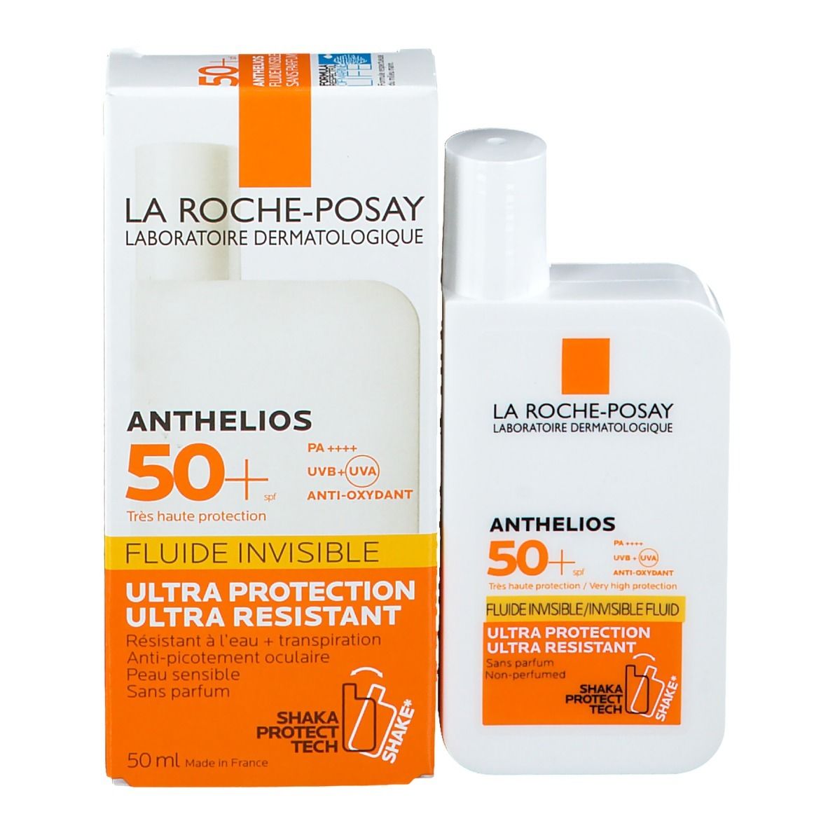 Produkt und Verpackung. Weißer Karton mit orangefarbenen Details. Aufschrift: Anthelios 50+.