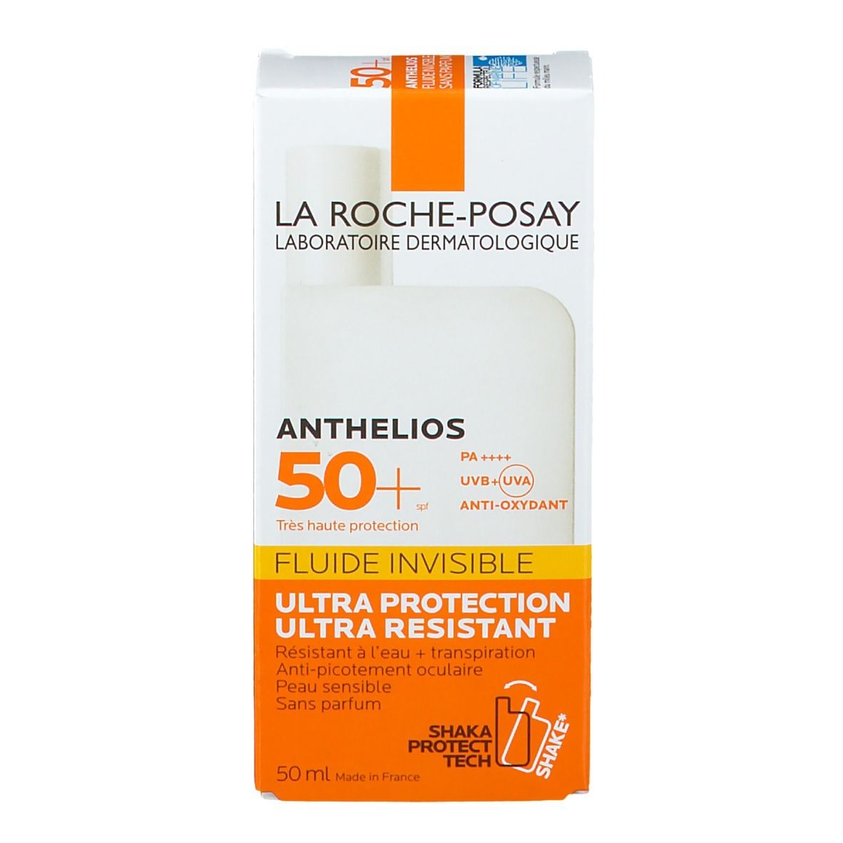 Produkt und Verpackung. Weißer Karton mit orangefarbenen Details. Aufschrift: Anthelios 50+.