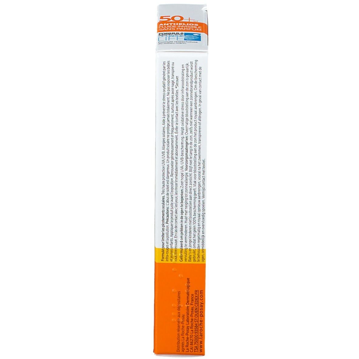 Schmale Seite der Verpackung. Text in mehreren Sprachen. Orangefarbene Details.