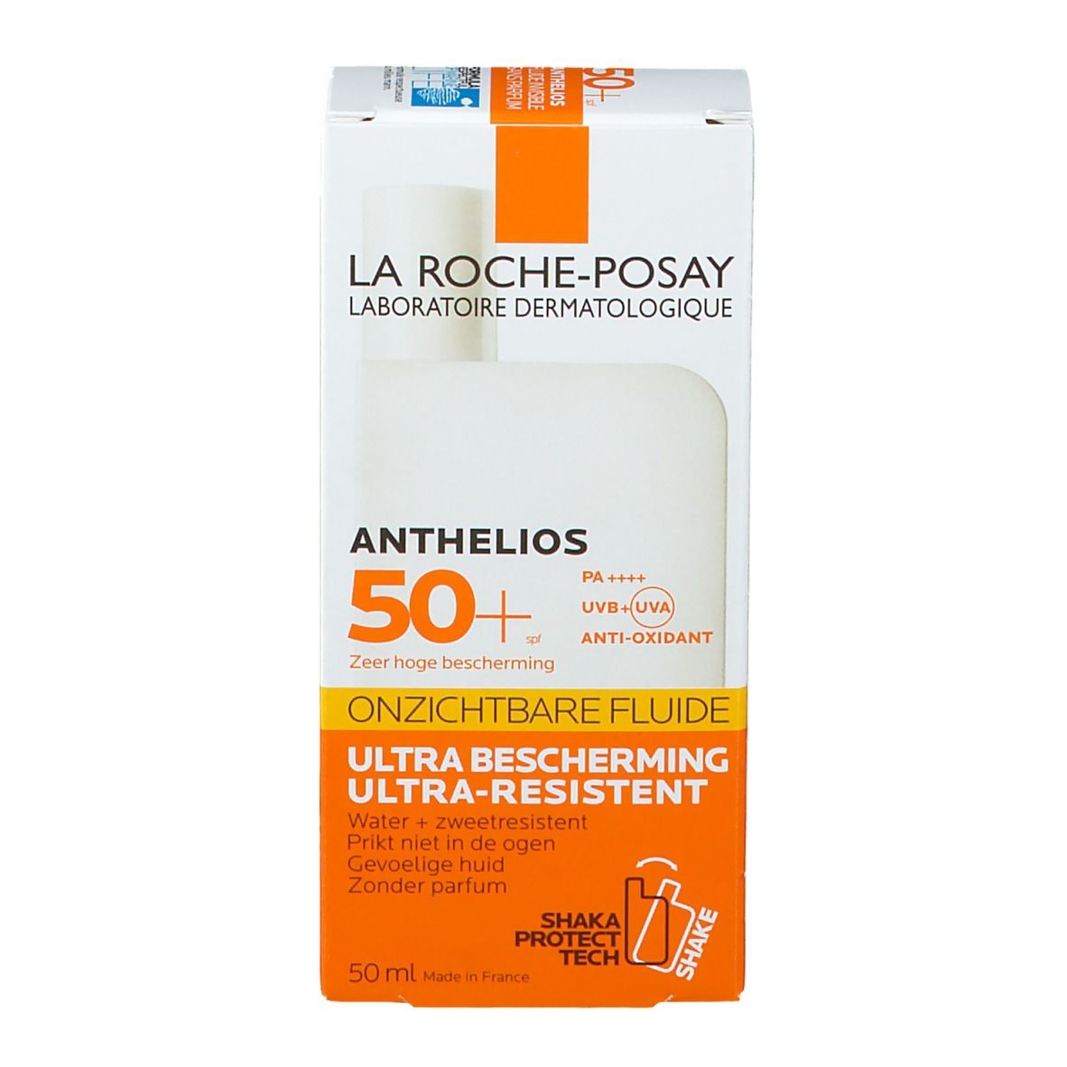 Verpackung. Weißer Karton mit orangefarbenen Details. Aufschrift: Anthelios 50+.