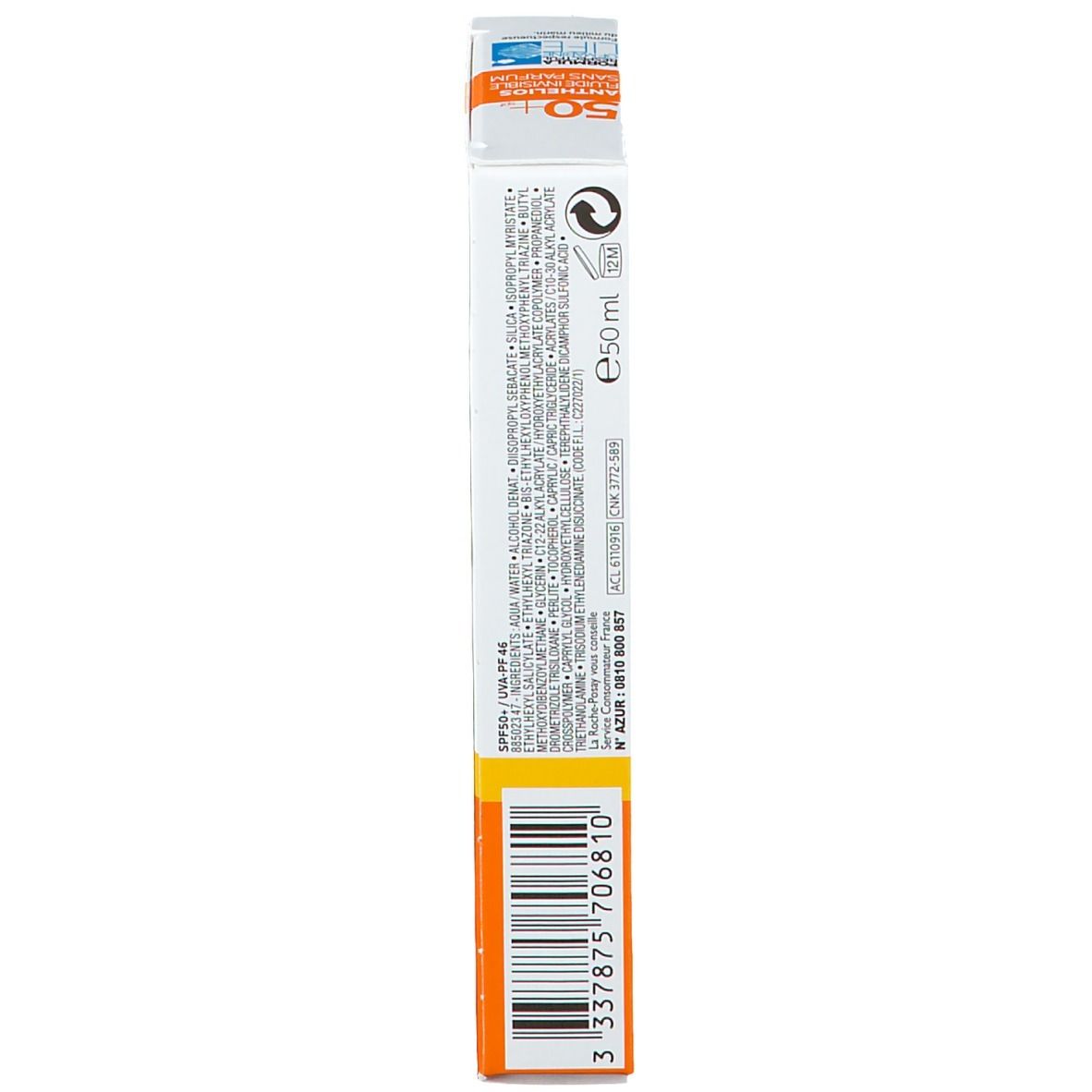 Schmale Seite der Verpackung. Text in mehreren Sprachen. Orangefarbene Details.