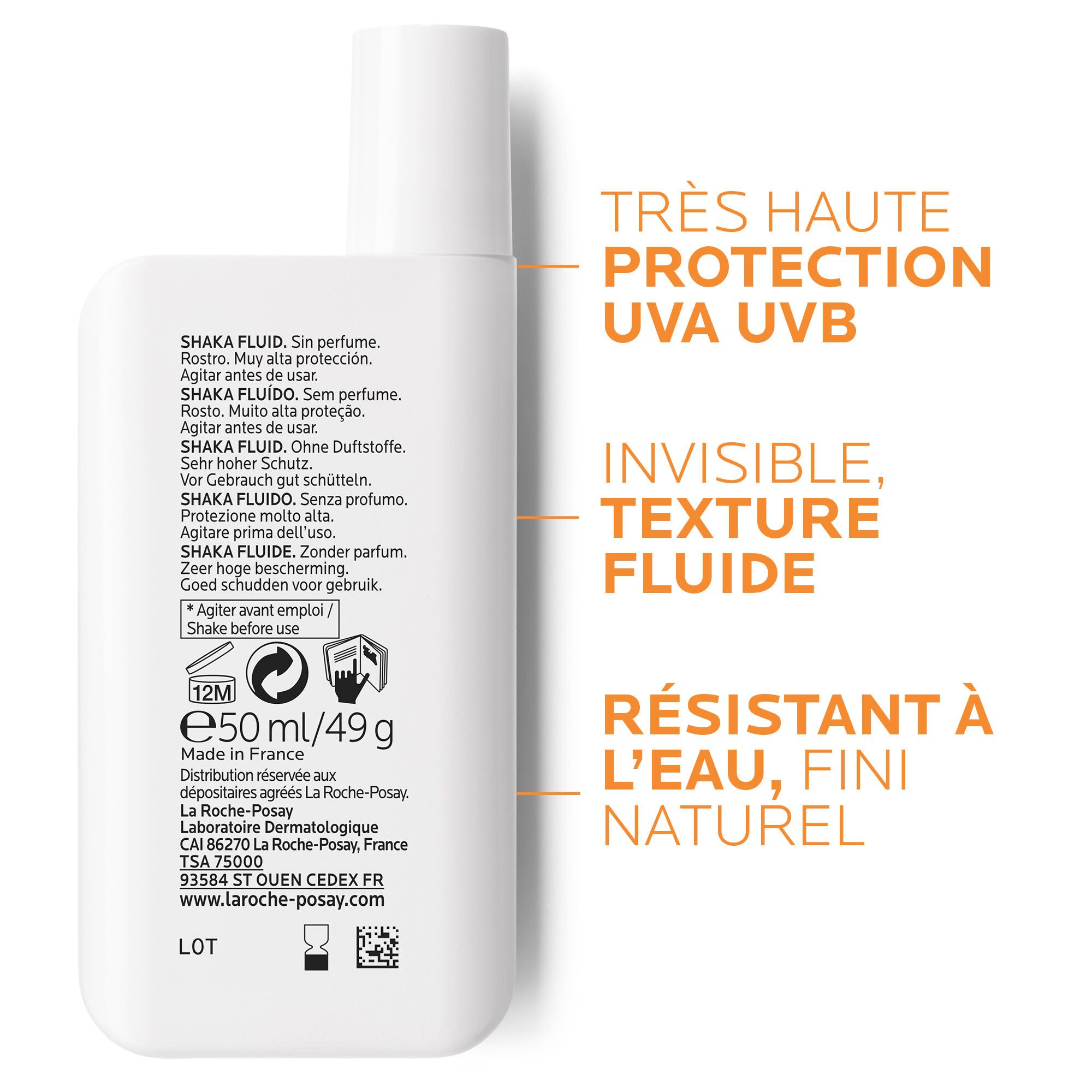 Dos du fluide solaire. Texte: Shaka Fluid, 12M, e50ml/49g. Fabriqué en France.