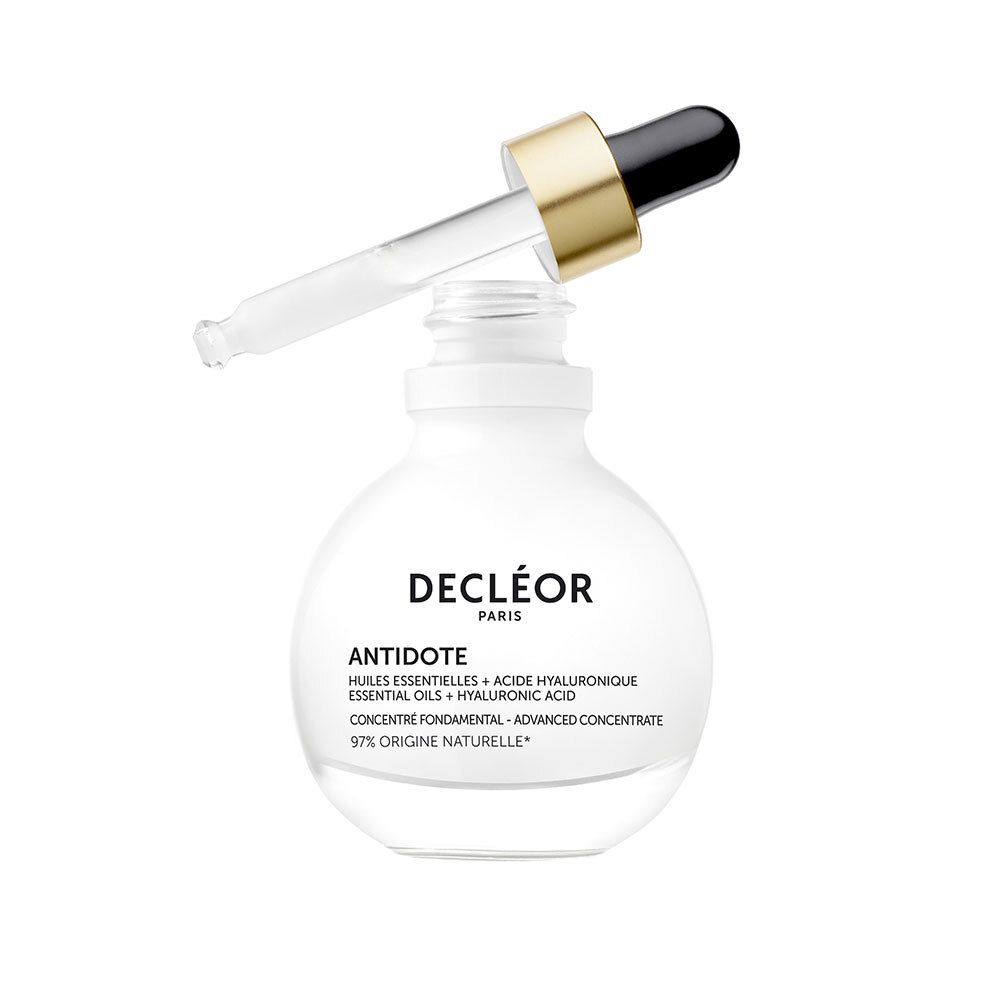 Flacon blanc avec pipette. Inscription: ANTIDOTE, DECLÉOR PARIS. Contient huiles essentielles et acide hyaluronique.
