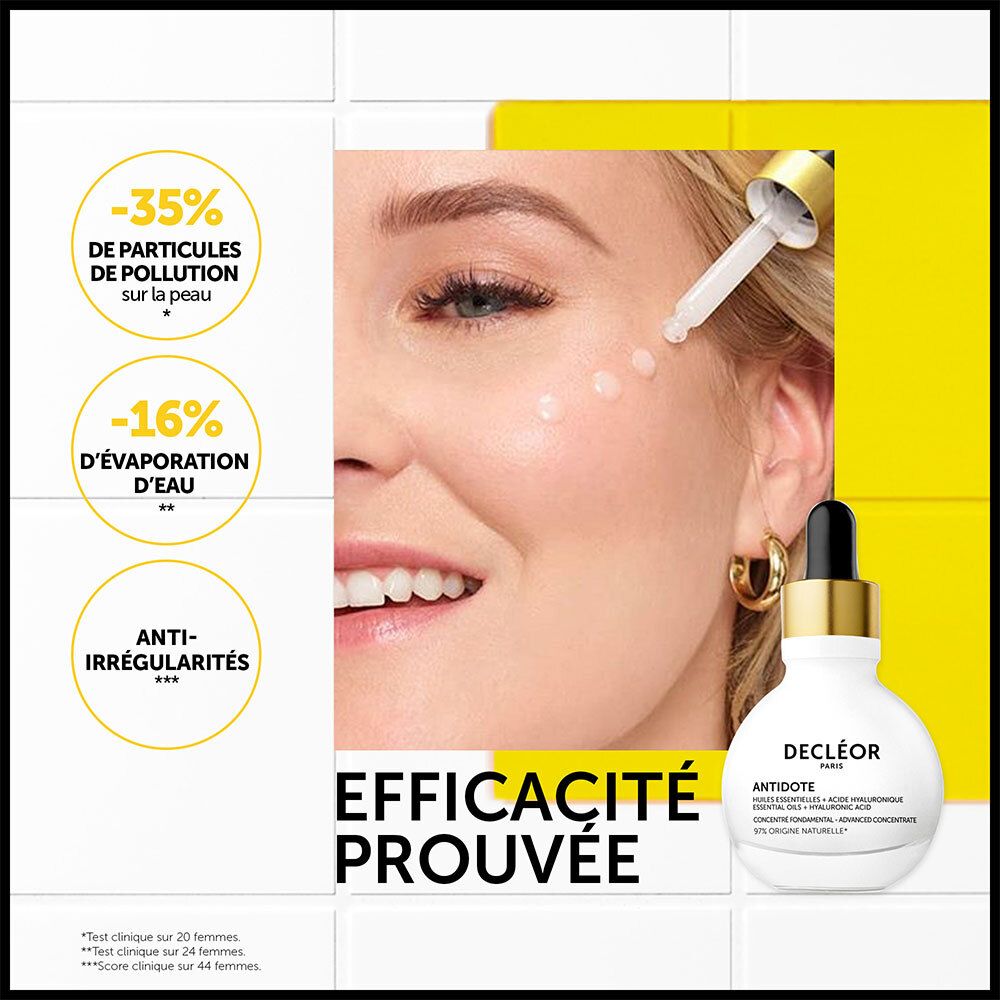 Femme avec gouttes sur la peau. Flacon ANTIDOTE à côté. Texte: EFFICACITÉ PROUVÉE. -35% pollution, -16% évaporation d'eau.