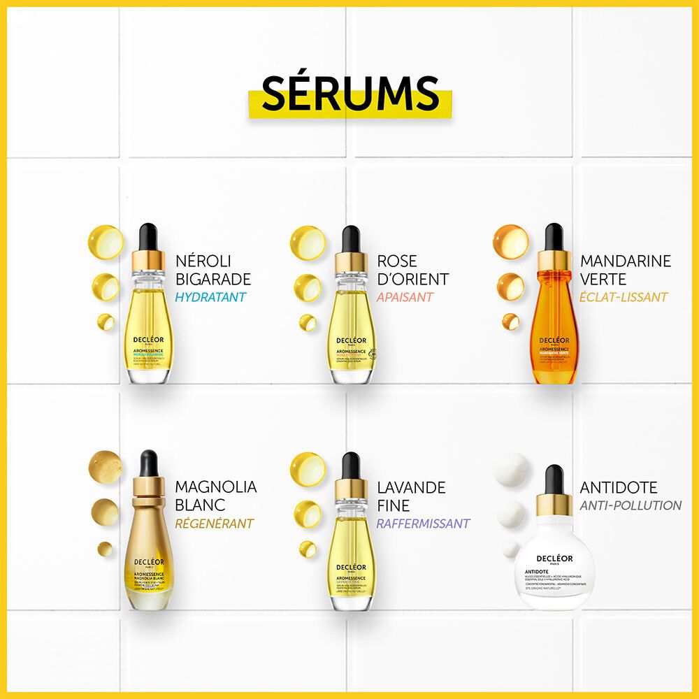 Six flacons de sérum. Texte: SÉRUMS. Différentes couleurs et noms: Néroli Bigarade, Rose d'Orient, Mandarine Verte, etc.